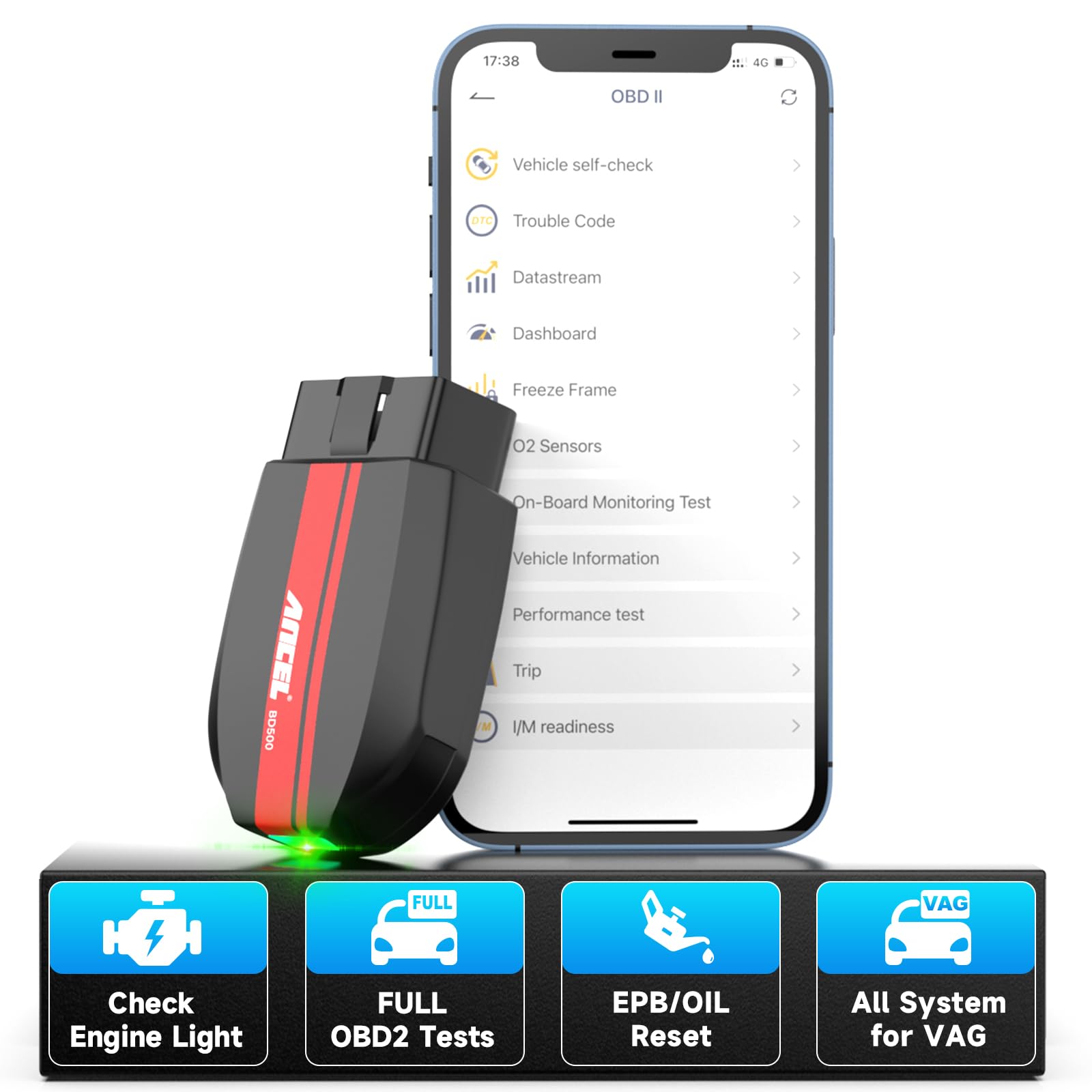 ANCEL BD500 Bluetooth OBD2 Scanner for VW Audi Seat Skoda - Full System Diagnostic Scan Tool with Battery Check & EPB Reset - Compatible with iPhone, iPad, Android - Perfect for DIY Car Repairs & Professional Mechanics