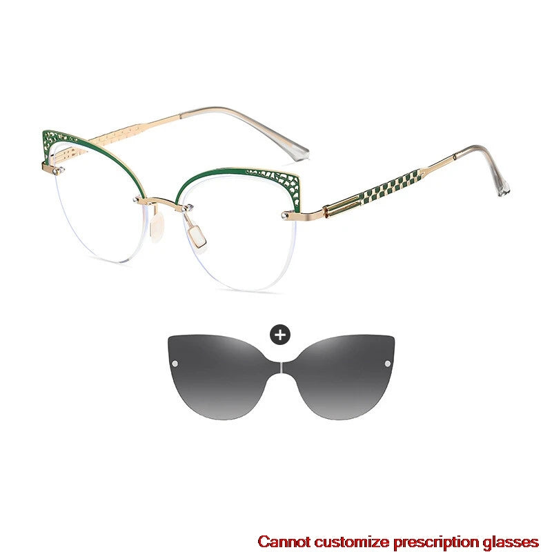 CCSpace Women's Full Rim Oval Cat Eye Alloy Eyeglasses with Clip-On Sunglasses - Fashionable Retro Frame for Work, Driving & Outdoor Activities (Model 302035)
