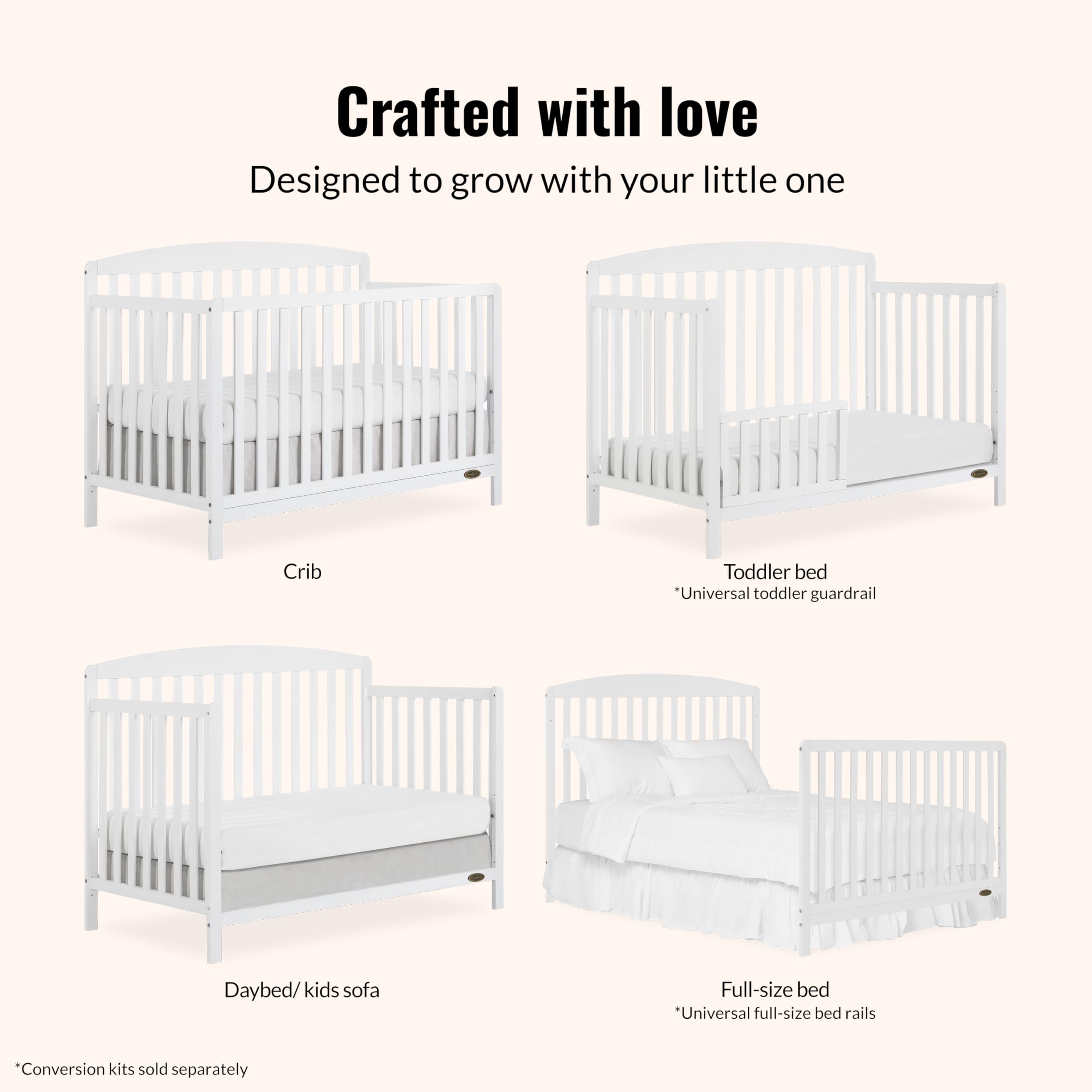 Dream On Me Odelle 5-in-1 Convertible Crib - JPMA & Greenguard Gold Certified, Sustainable Pinewood, 3 Adjustable Mattress Heights, Non-Toxic Finish - Perfect for Nursery, Toddler Room & Growing Families (White)