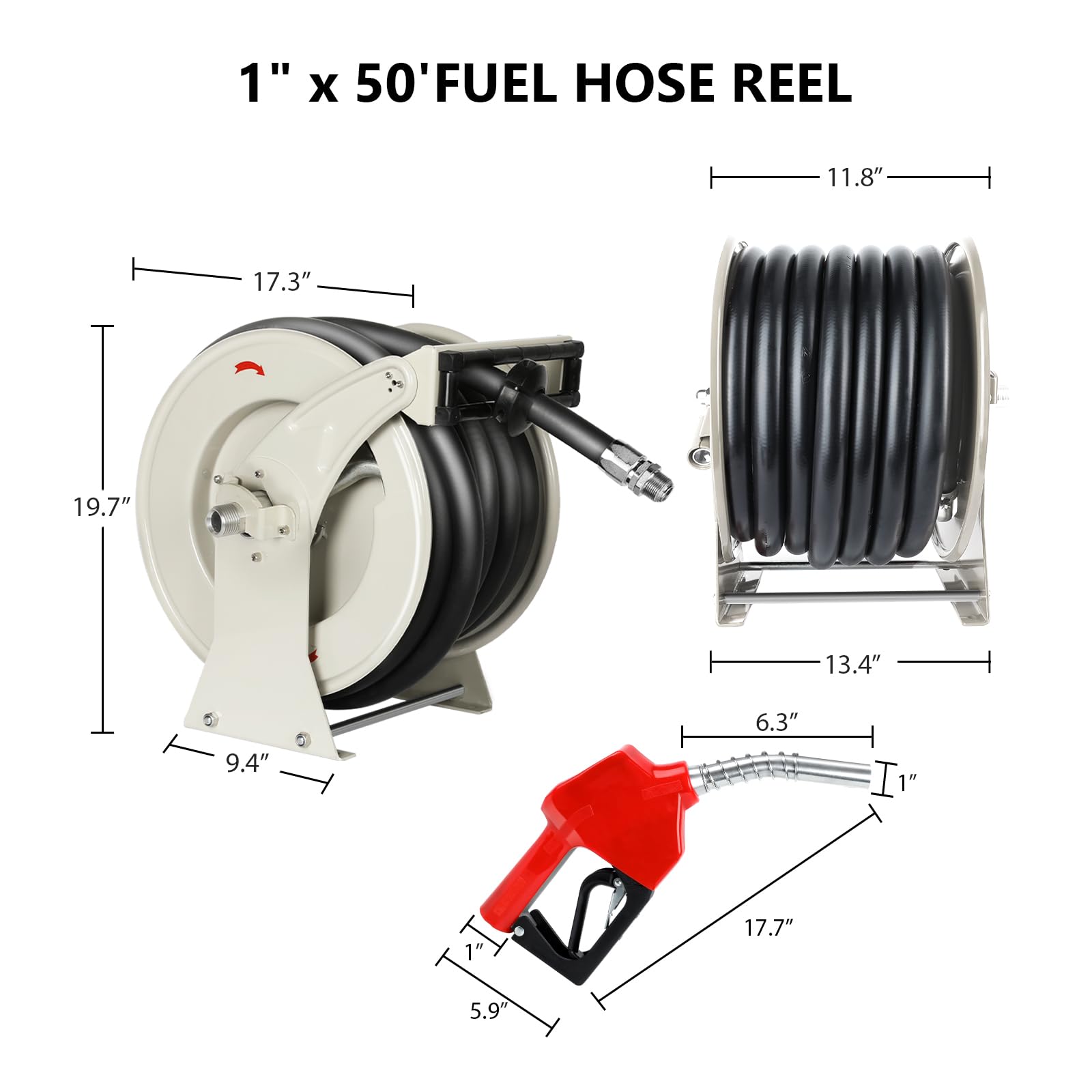 1 Inch Heavy Duty Retractable Fuel Hose Reel - 50ft Diesel Fuel Hose with Nozzle, 300 PSI Spring Driven Autoswing for Fast Pumping - Ideal for Tank Trucks, Boats, Air Vehicles & Automotive Use