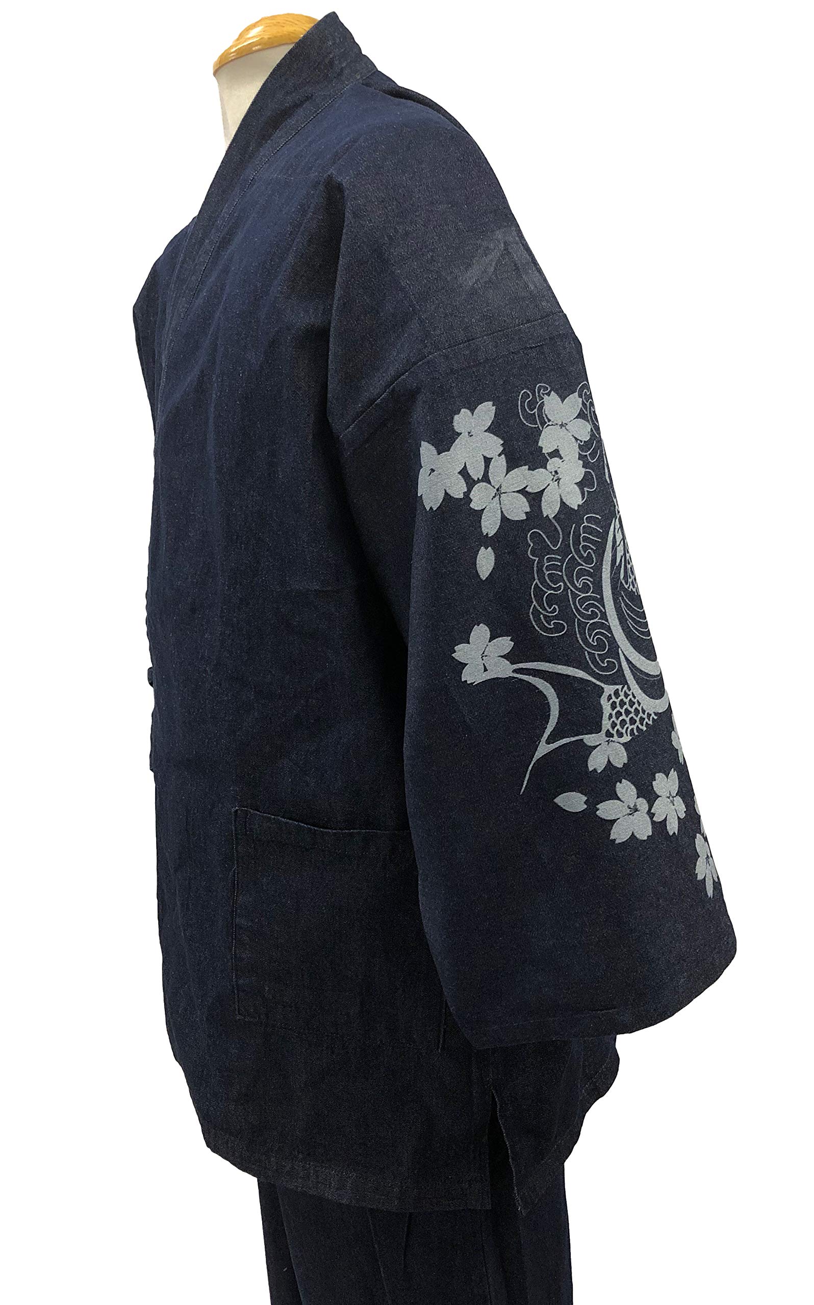 100% Cotton Japanese Denim Samue - Traditional Pattern Printed Workwear for Meditation, Yoga, and Casual Wear