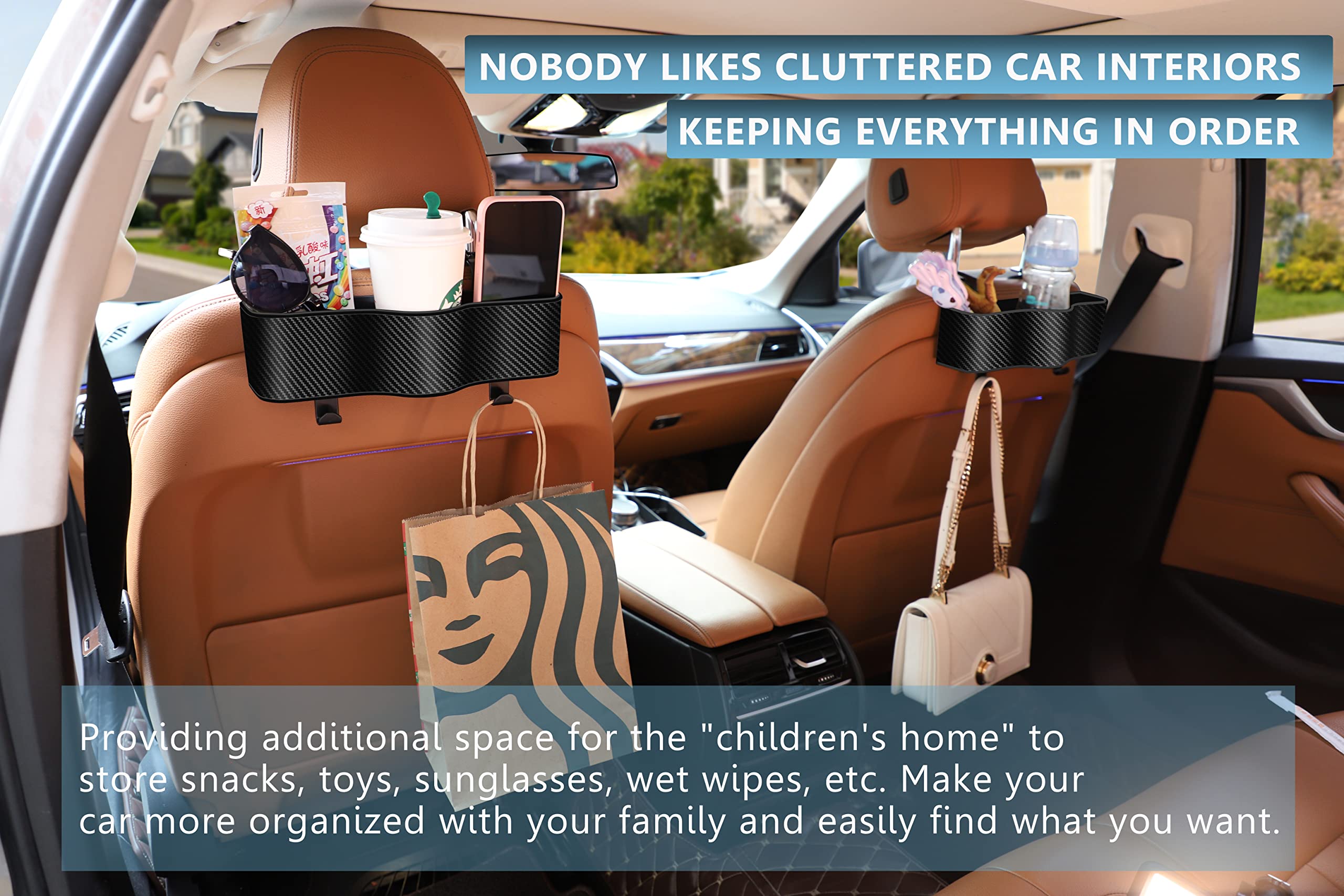 Car Headrest Backseat Organizer with Cup Holders - Multi-Pocket Seat Back Organizer for Kids & Travel Accessories - Perfect for Eating, Snacks & Drinks on Road Trips
