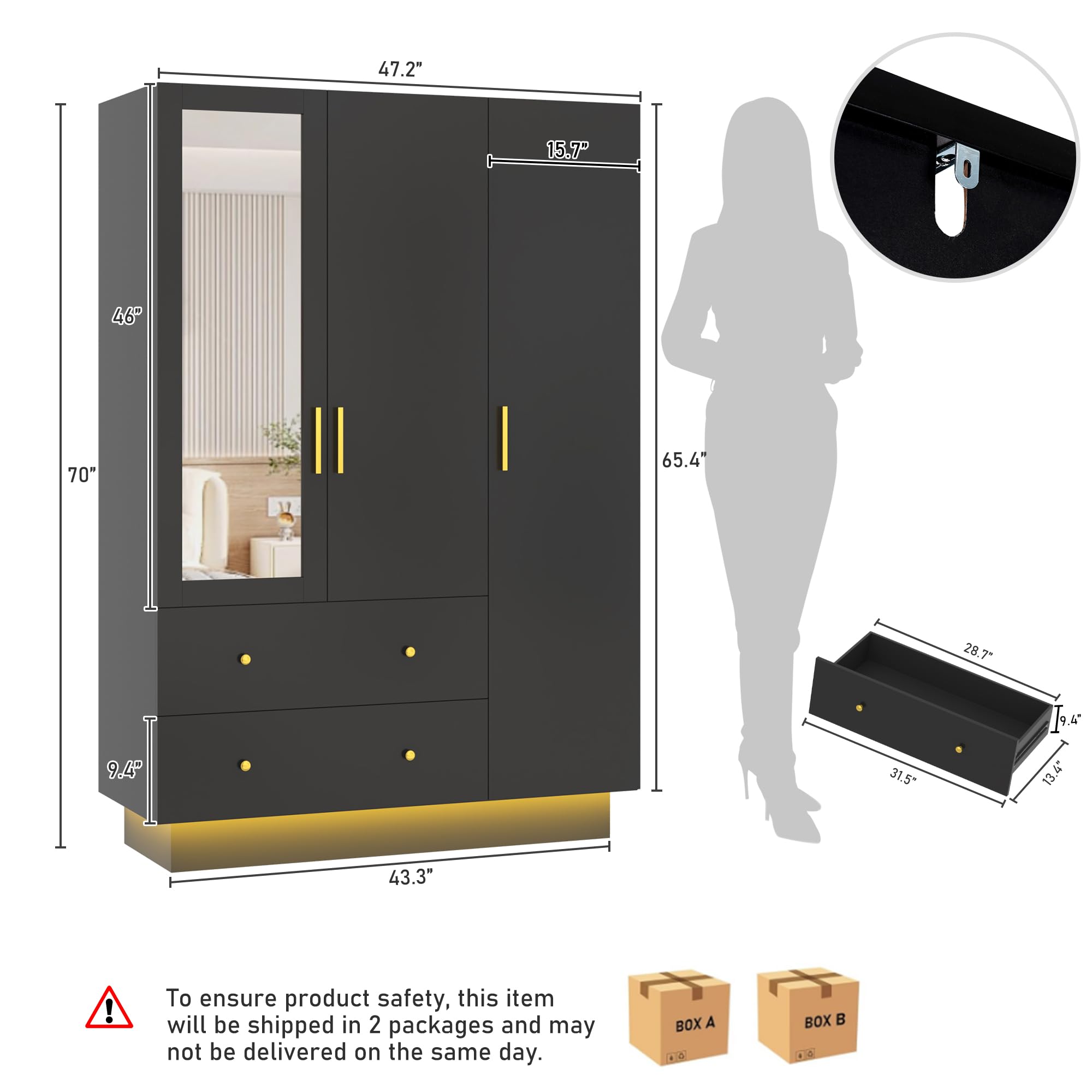 3-Door Armoire Wardrobe Closet with Full-Length Mirror & LED Lighting - Wooden Storage Cabinet with Drawers, Hanging Rod & Adjustable Shelves - Perfect for Bedroom, Closet Organization & Home Decor (Black)