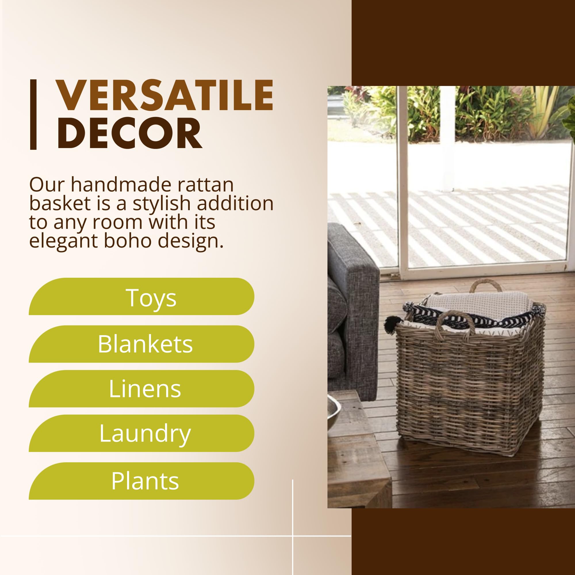 KOUBOO Large Square Rattan Basket - Handmade Woven Storage Bin for Blankets, Toys & Laundry | Gray & Brown Decorative Basket for Living Room, Bedroom & Nursery Organization