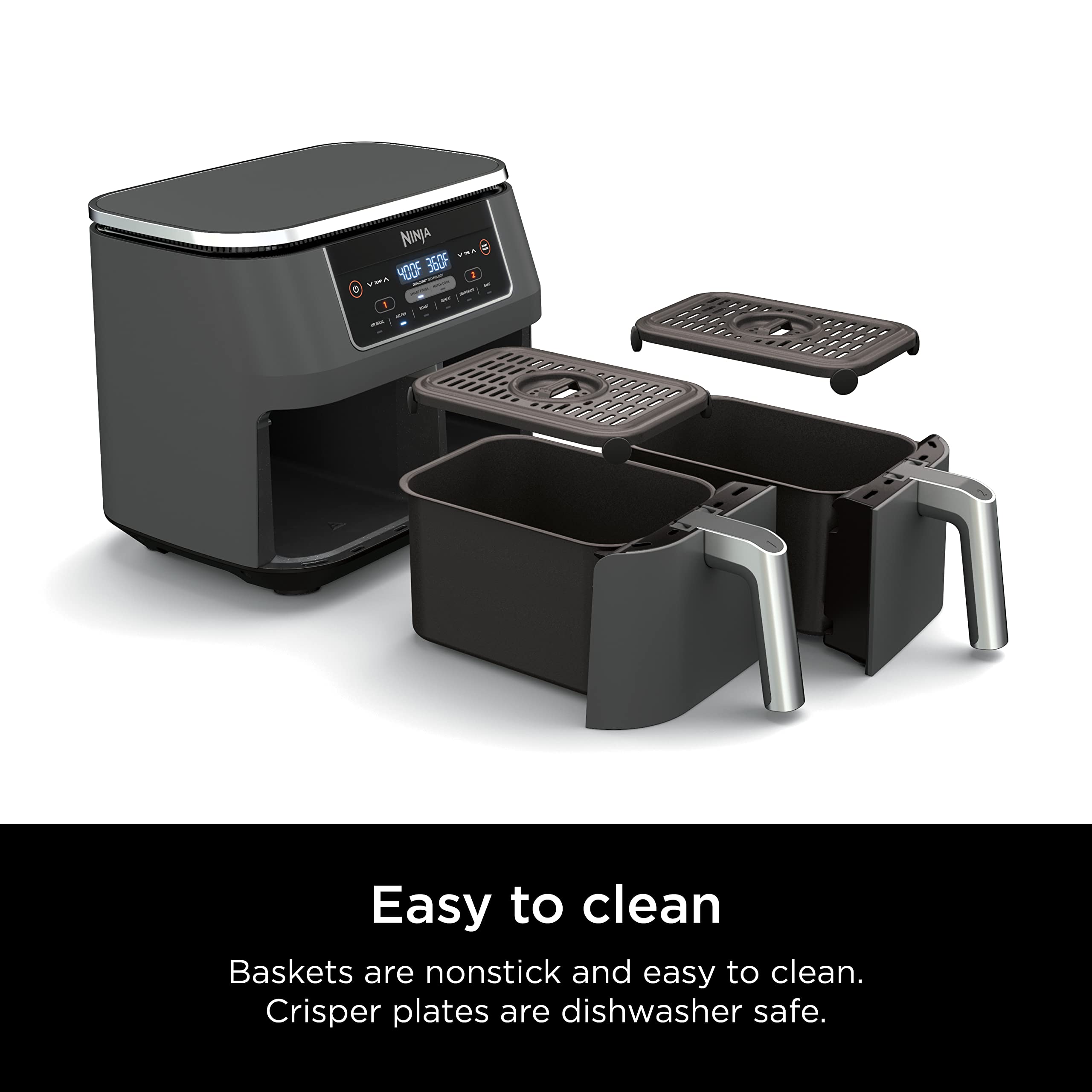 Ninja DZ201 Foodi 8 Quart 6-in-1 DualZone Air Fryer with 2 Independent Baskets - Smart Finish, Match Cook, Roast, Broil & Dehydrate - Perfect for Family Dinners, Meal Prep & Healthy Cooking - Grey