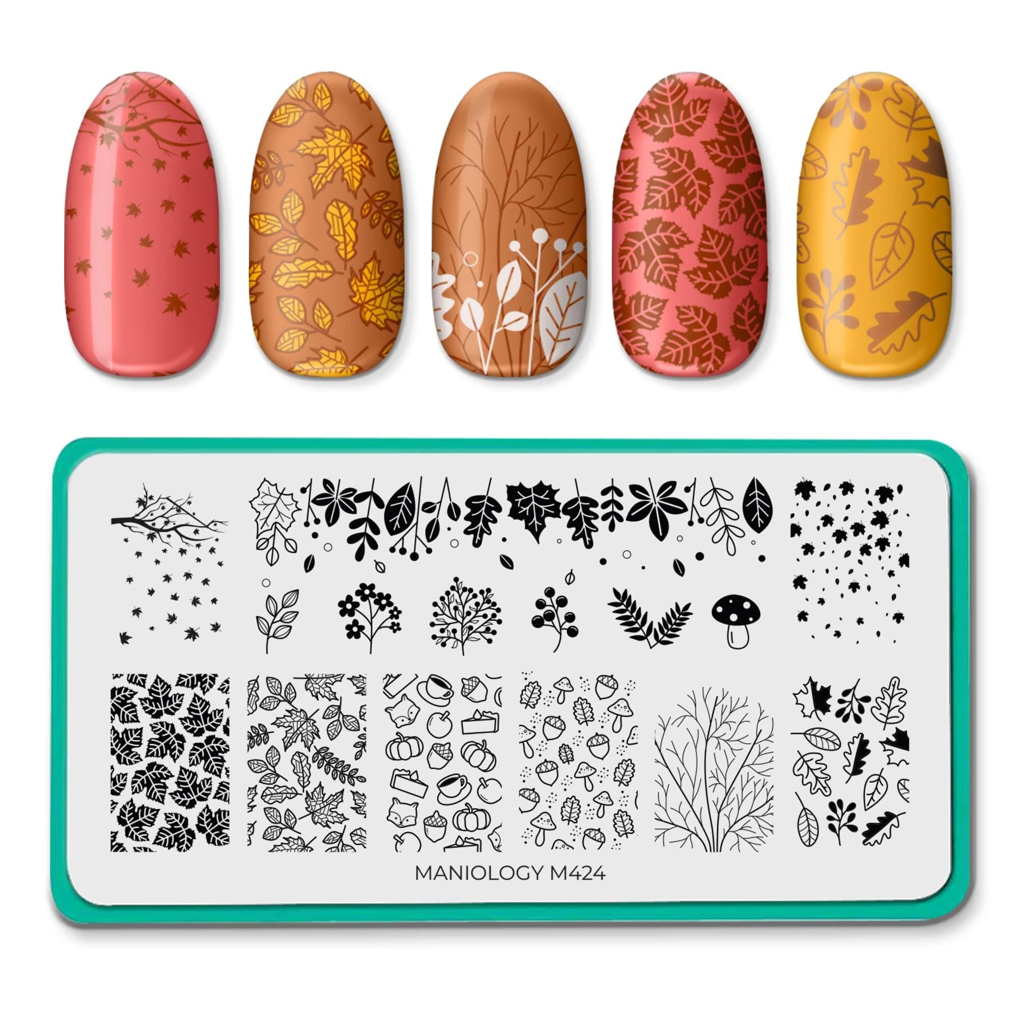Maniology Falling Leaves Nail Stamping Plate - Oak & Maple Leaf Designs for Autumn Nail Art | DIY Fall Manicure Kit | Perfect for Halloween, Thanksgiving & Seasonal Nail Designs