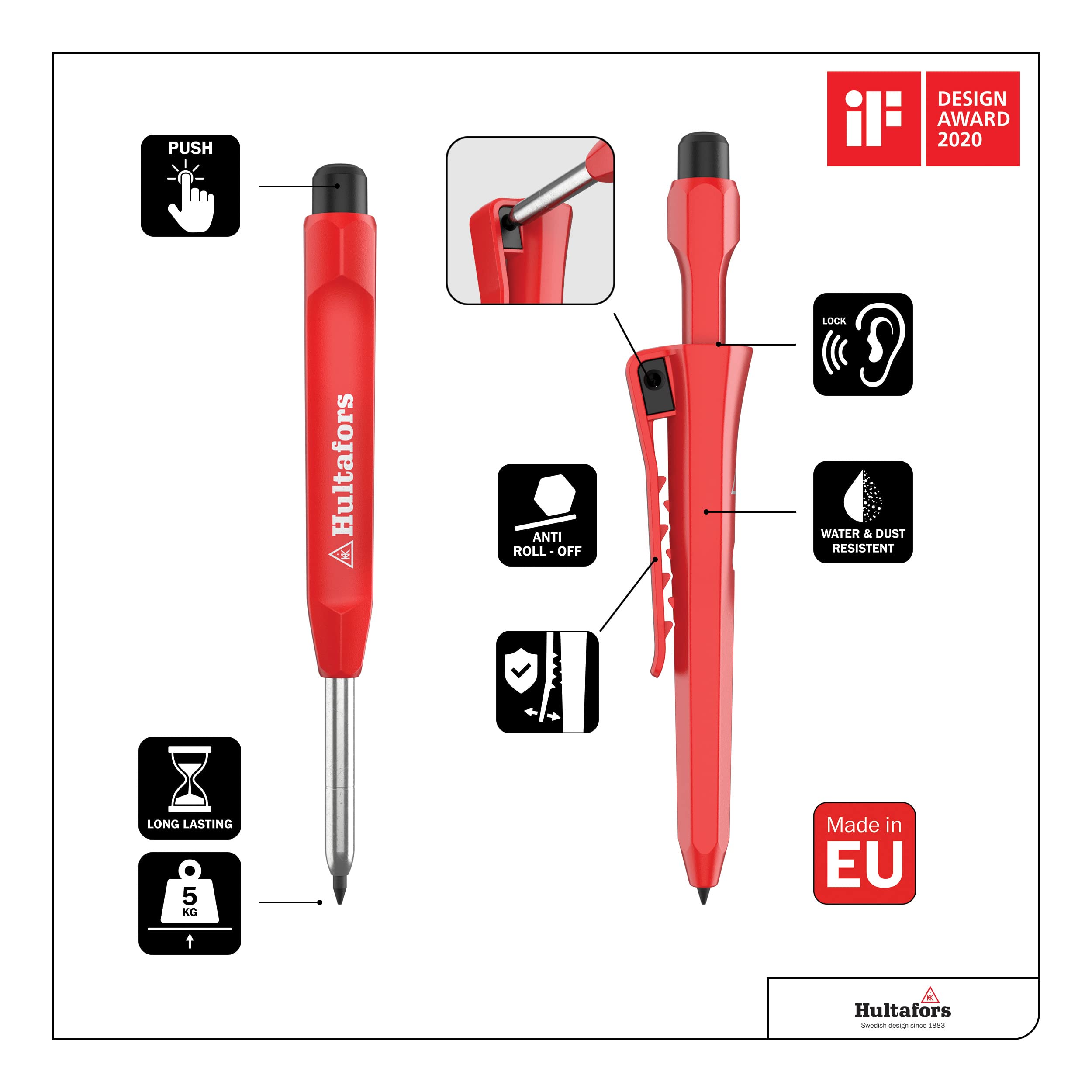 Hultafors 650100 Dry Marker HDM & 650120U Dry Marker Refills HRD GRY - Durable Construction Marking Tools for Carpentry, Metalwork, and DIY Projects
