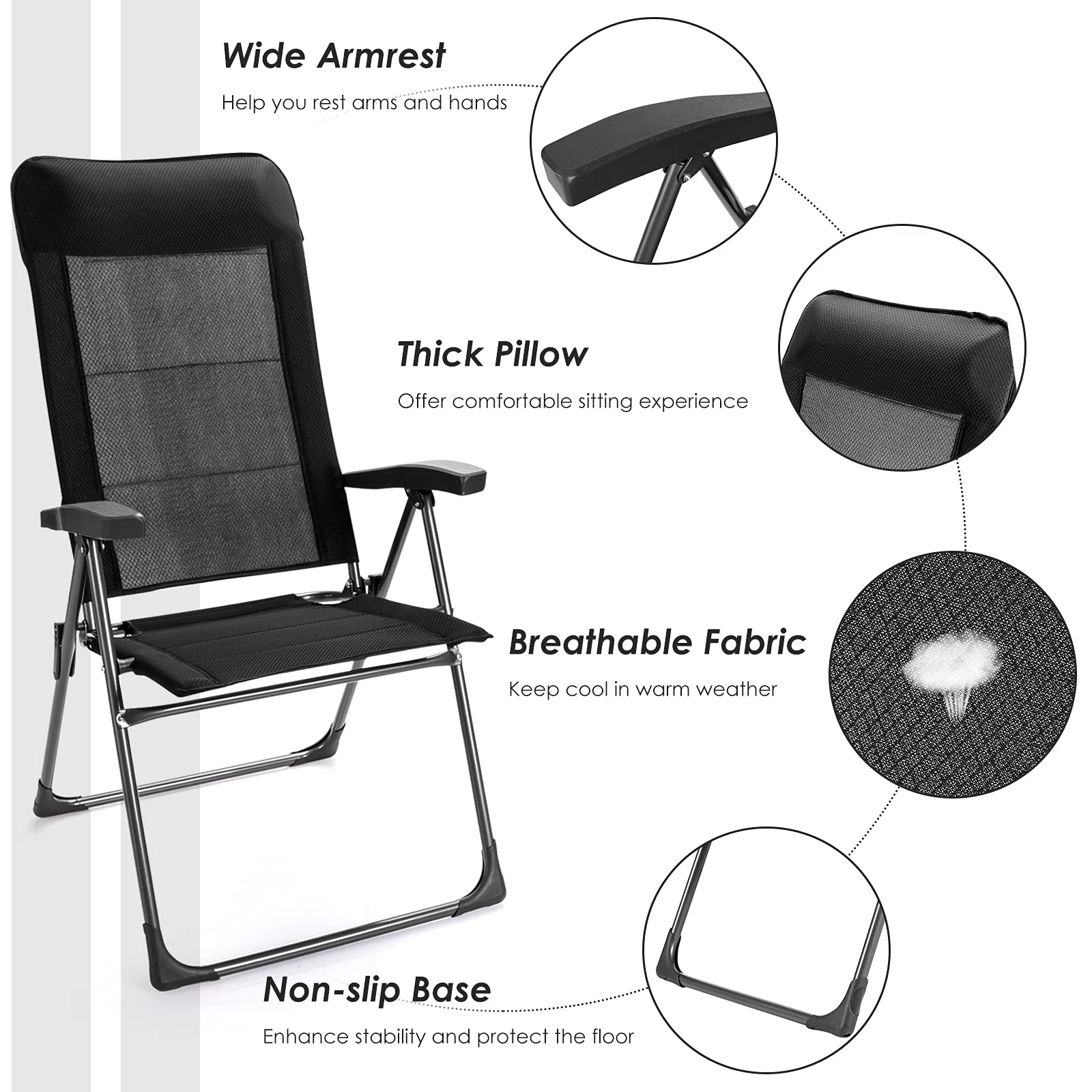 Goplus Folding Patio Sling Chairs Set of 4 - Portable Outdoor Dining Chairs with Adjustable Headrest & 7-Level Reclining Backrest - Perfect for Camping, Backyard, Garden, and Poolside Relaxation