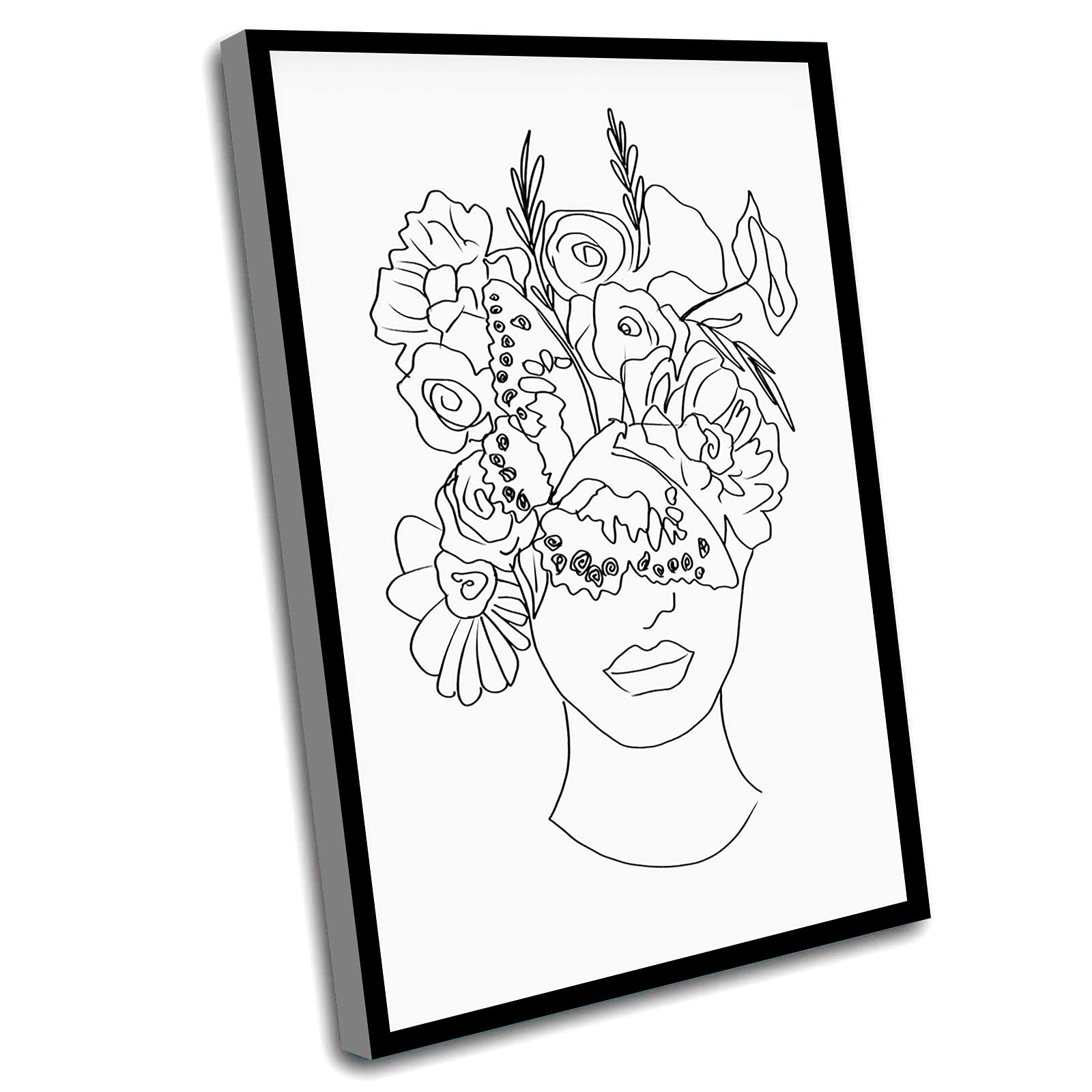 Floral Line Art Canvas Wall Decor - 12x16 Inch Framed Bathroom Art with Plant Head Woman Design - Perfect for Home, Office & Spa Decor