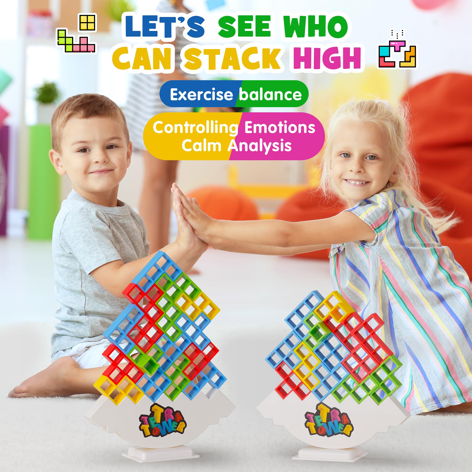 WOWNOVA 32PCS Tetra Tower Stacking Blocks - Fun Balance Building Game for Kids, Teens & Adults - Perfect for Family Game Night, Parties & Indoor Activities - STEM Learning Toy for All Ages