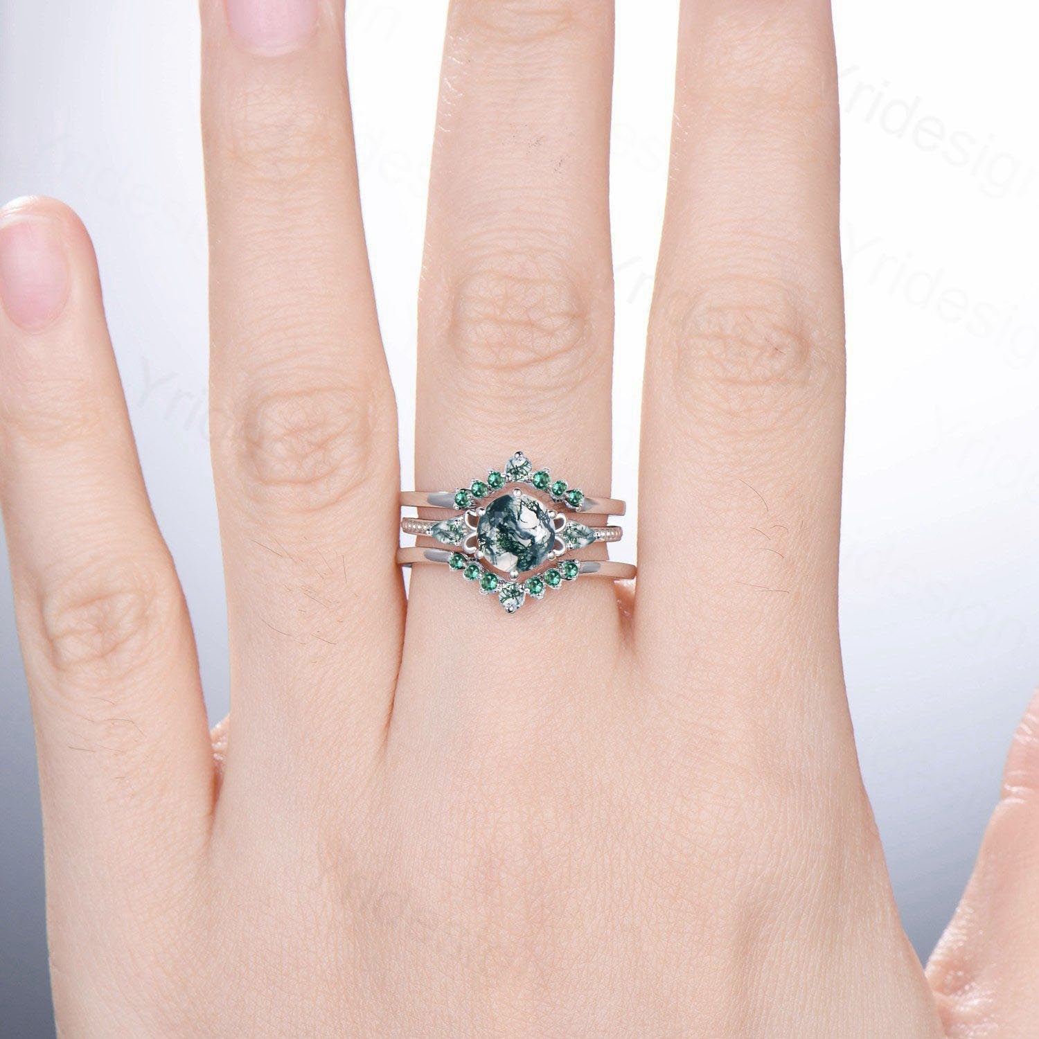 7mm Round Vintage Moss Agate Engagement Ring Set - Three Stone Pear Green Agate Wedding Ring with Milgrain Detailing - Elegant Emerald Bridal Jewelry for Women - Perfect for Proposals, Anniversaries & Special Occasions