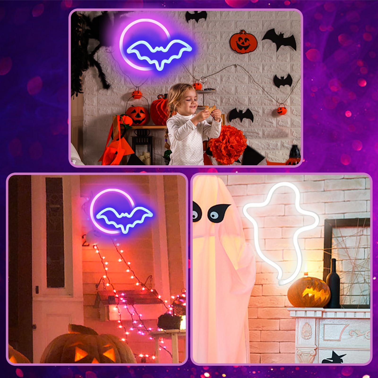 BRIGHTDECK 2 Pack Halloween Neon Signs - White Ghost & Blue Bat Full Moon LED Decor | USB/Battery Powered Wall Art for Halloween Party, Bedroom, Living Room, Bar | Spooky Home Decor & Kids Gift for Trick-or-Treating