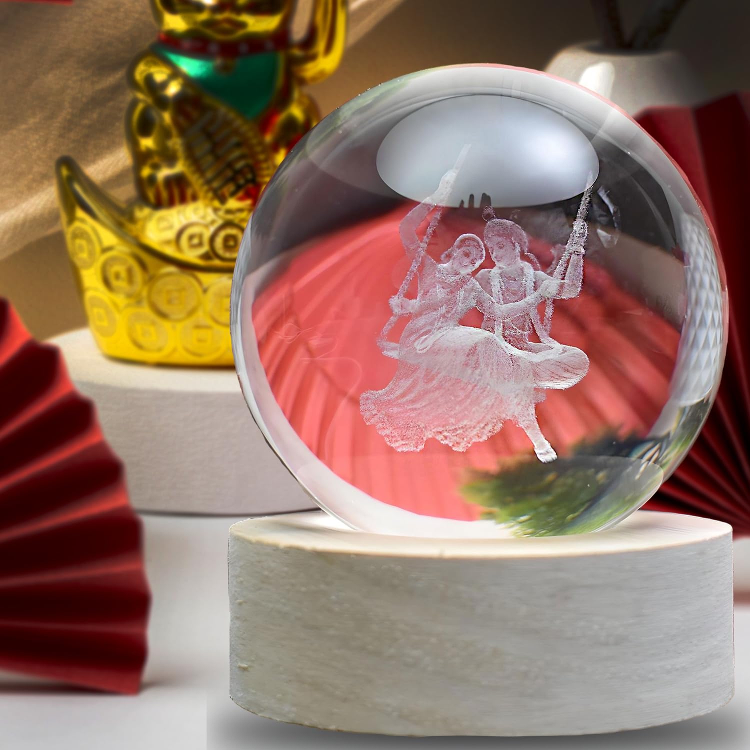 Oblivion 3D Crystal Ball LED Lamp with Radhakrishna Engraved Base - USB Powered Wooden Night Light for Home, Office Desk & Meditation Room Decor - Perfect for Yoga, Spiritual Gifts & Relaxation
