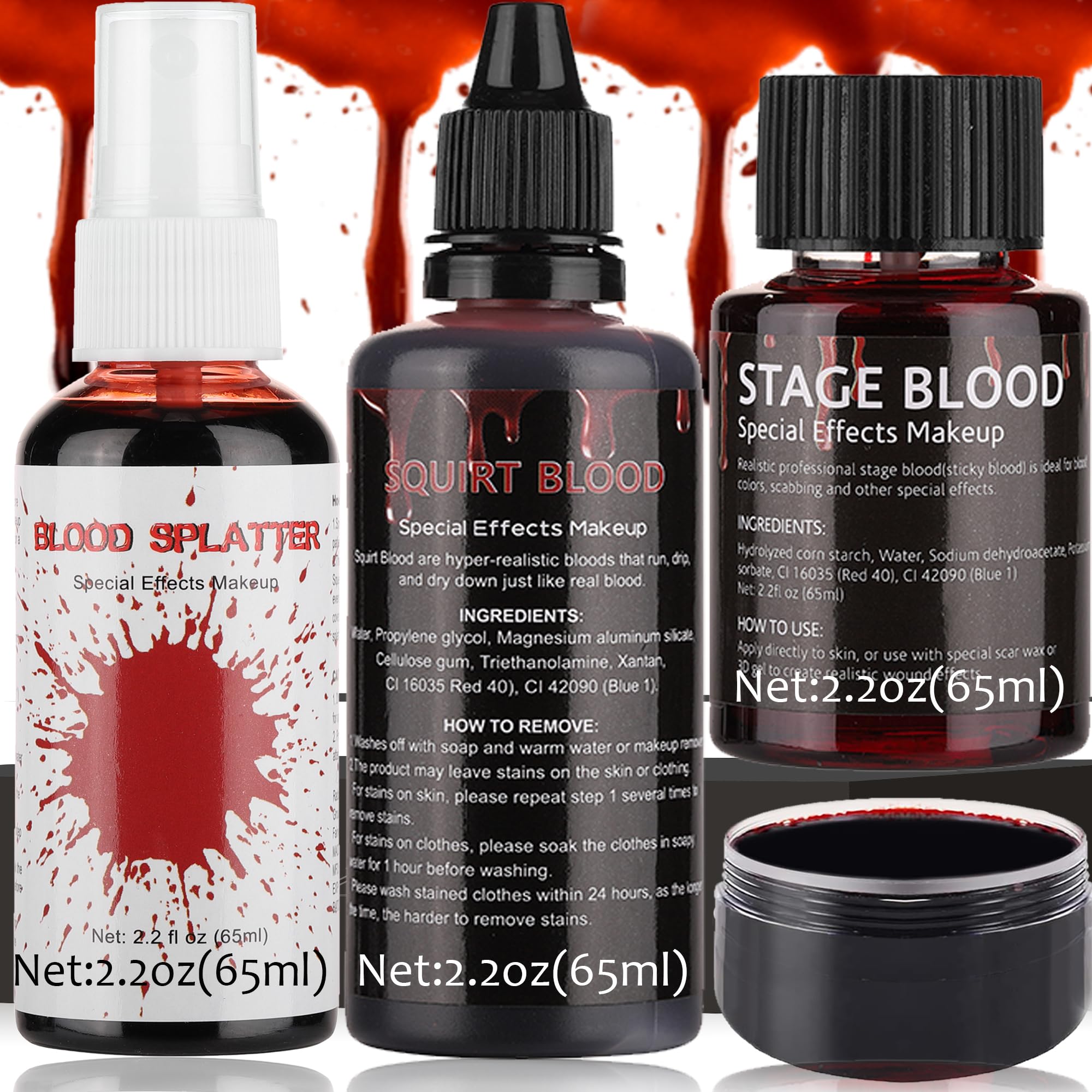 CCbeauty 7.6oz Halloween Fake Blood Makeup Kit - Realistic Washable SFX Makeup Set with Blood Spray, Squirt Blood & Stage Blood for Zombie, Vampire & Monster Cosplay | Perfect for Halloween Costumes, Theater Performances & Horror Movie Effects