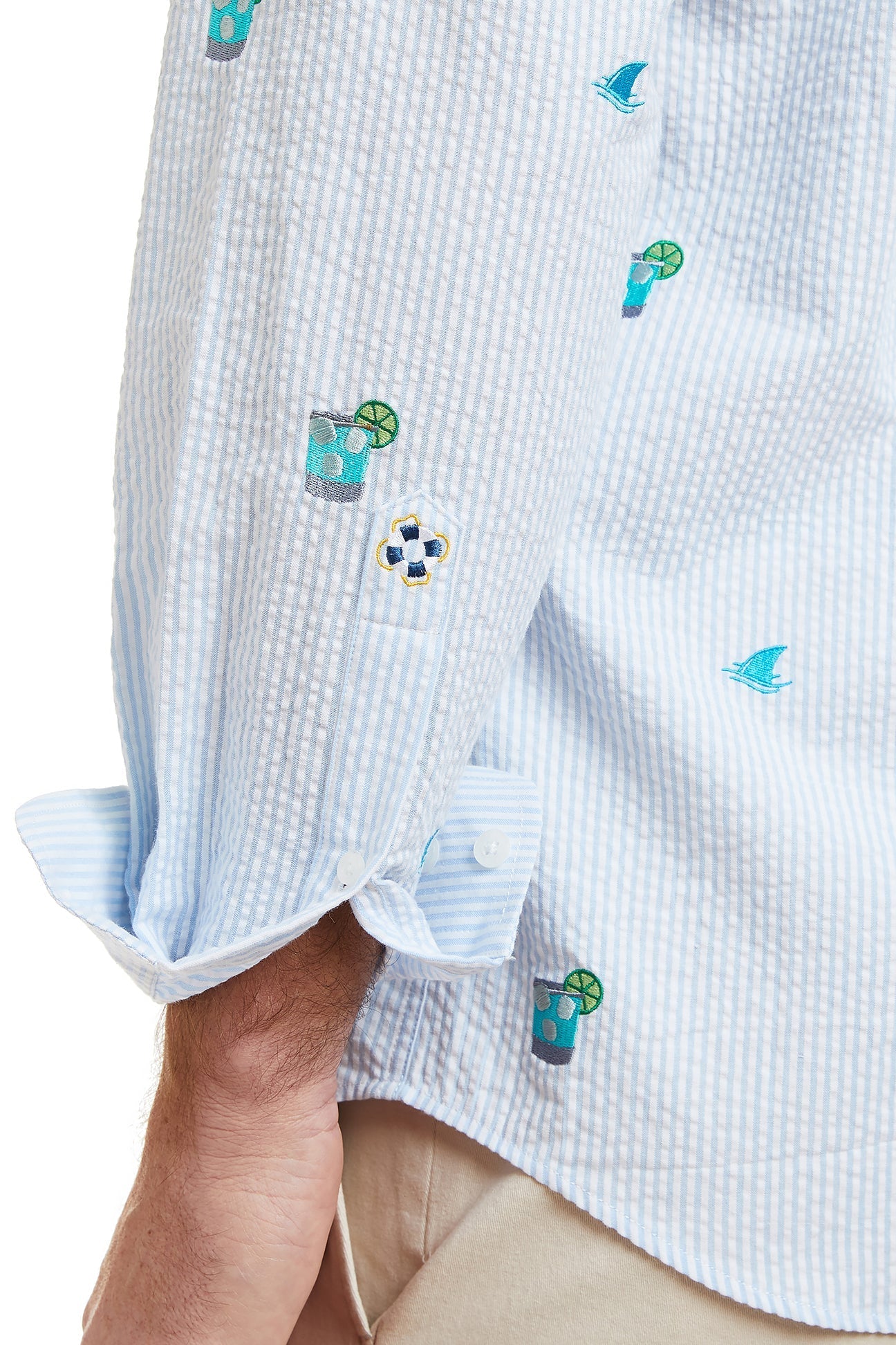 Chase Shirt Blue Seersucker with Fin & Tonic - Stylish Men's Casual Button Down Shirt for Summer Beach & Outdoor Parties