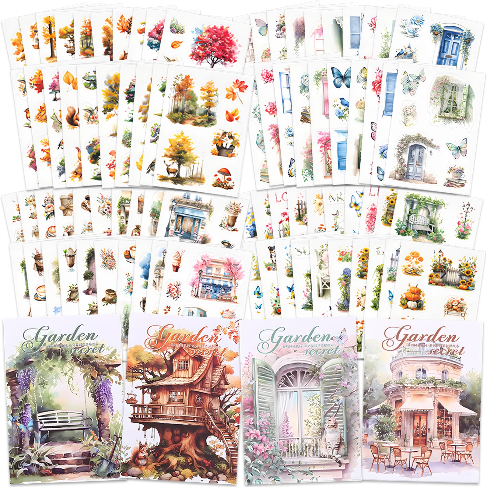 490+ Pieces Knaid Scenery Sticker Set - 4 Pack Sticker Books with Blooming Windows, Garden Houses, Enchanted Forest & Garden Fences for Scrapbooking, Bullet Journals, Planners & DIY Crafts - Perfect for Journal Decoration, Memory Books & Creative Projects