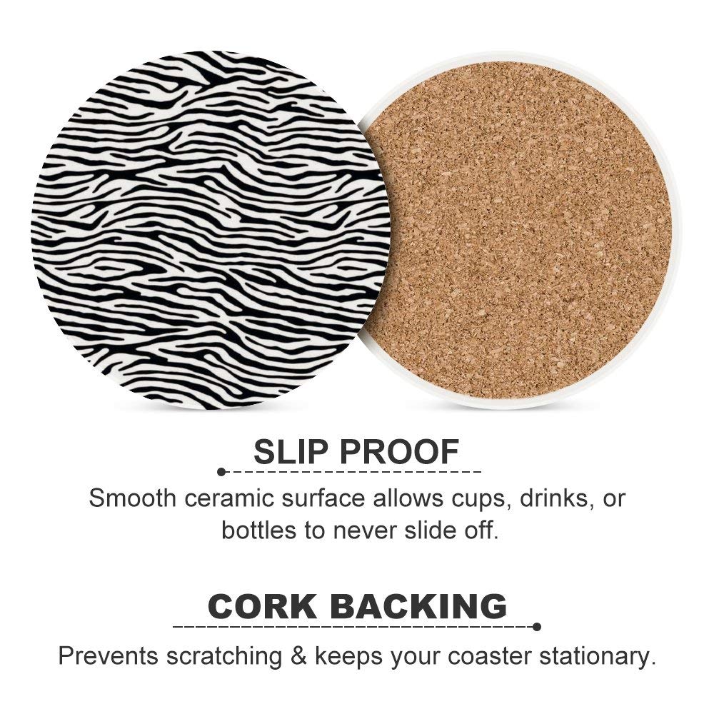 Zebra Print Ceramic Coasters Set of 2 - Absorbent Round Drink Coasters with Cork Base for Coffee Cups & Glasses - Black and White Bar & Farmhouse Home Decor for Dining Table, Coffee Table & Kitchen Use