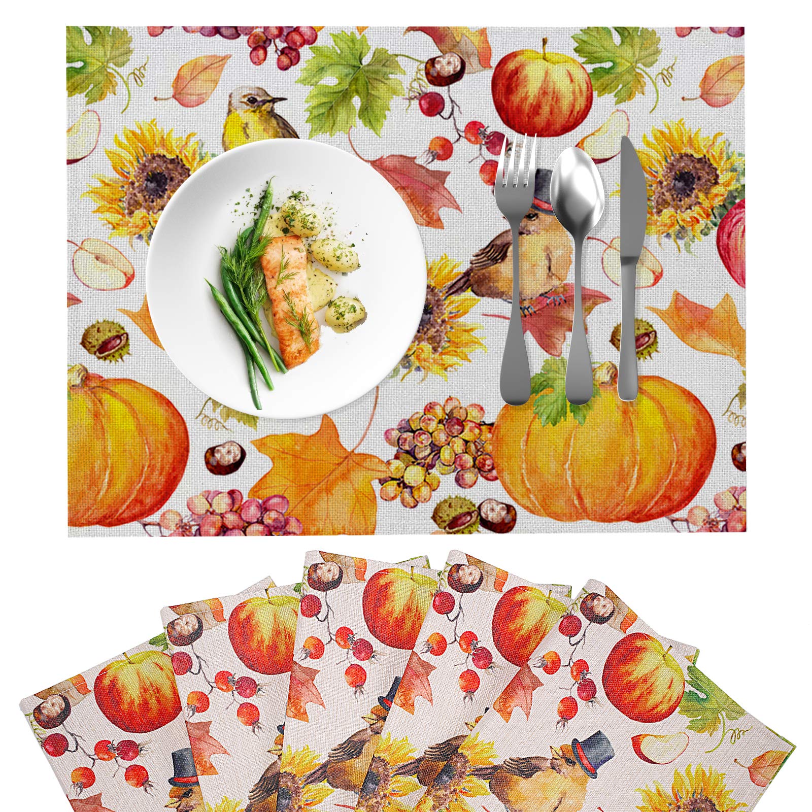 Fall Placemats Set of 6 - Autumn Maple Leaves Pumpkin Sunflowers Bird Design - Heat Resistant Waterproof Non-Slip Thanksgiving Table Mats for Dining Kitchen Decor - Perfect for Holiday Dinners, Family Gatherings and Seasonal Home Decoration