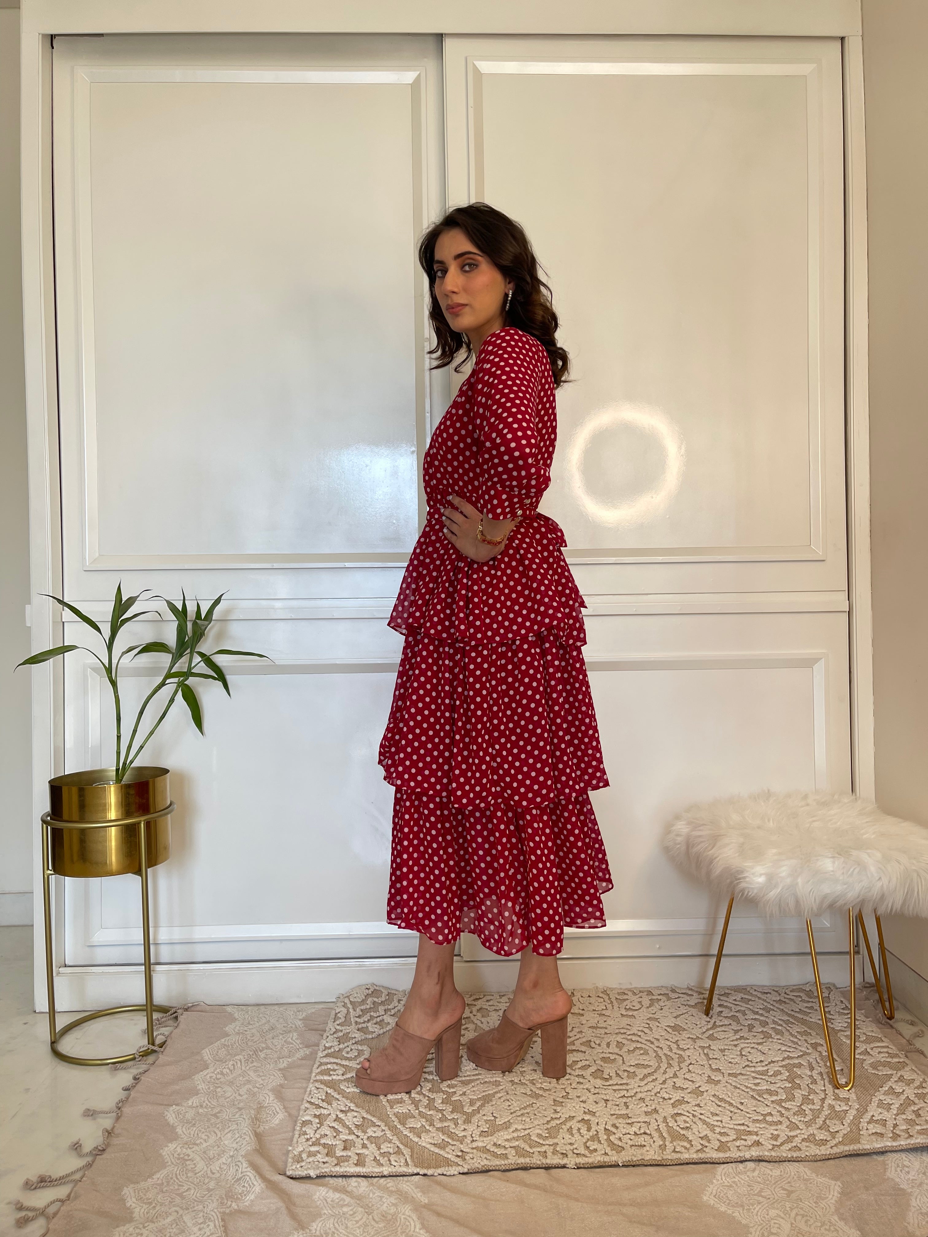 Elegant Red Polka Dot Ruffle Flared Maxi Dress for Women - Perfect for Summer Parties, Weddings & Beach Vacations