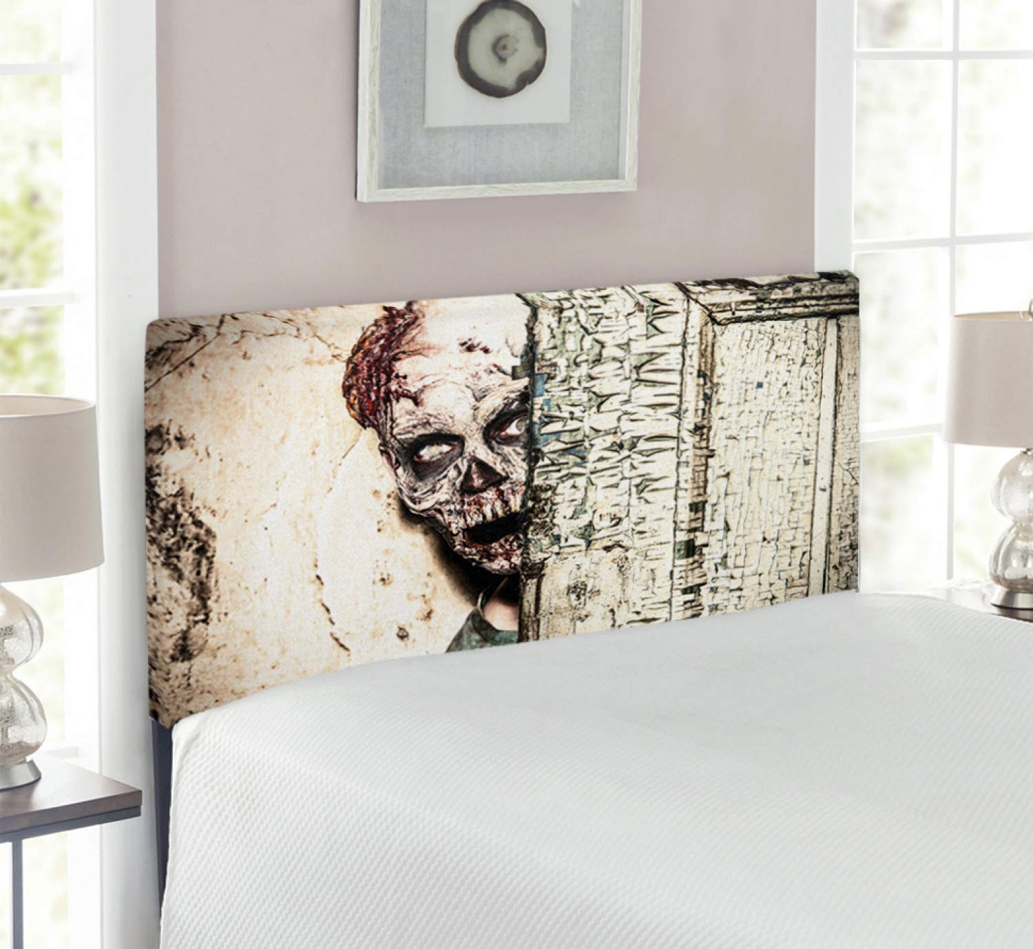 Ambesonne Zombie Upholstered Headboard - Gothic Horror Vampire Design with Memory Foam, Twin Size Bed Frame in Jade Green & Cream | Perfect for Halloween Decor, Haunted House Themes & Horror Bedroom Makeovers