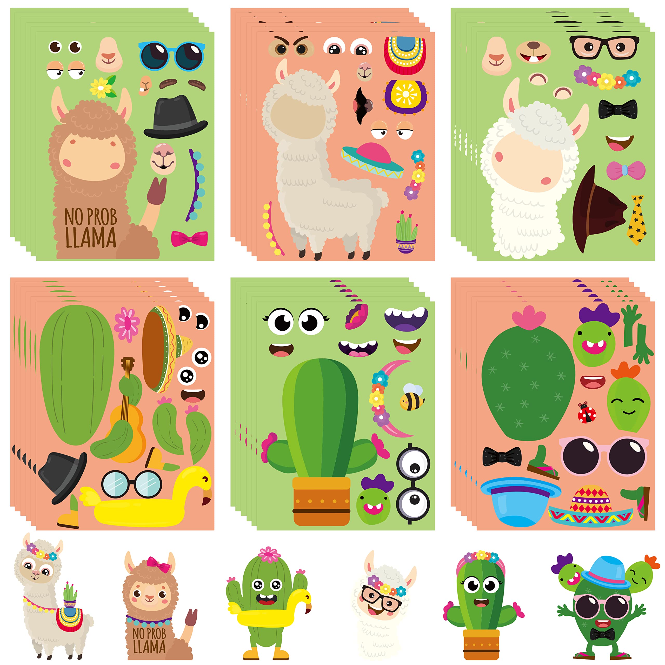 WATINC 36PCS DIY Llama Cactus Stickers Kit - Make a Face Animal Sticker Craft Game, Fun Art Cards for Kids, Perfect for School Goodie Bags, Party Favors, Fiesta Supplies & Mexican Themed Celebrations