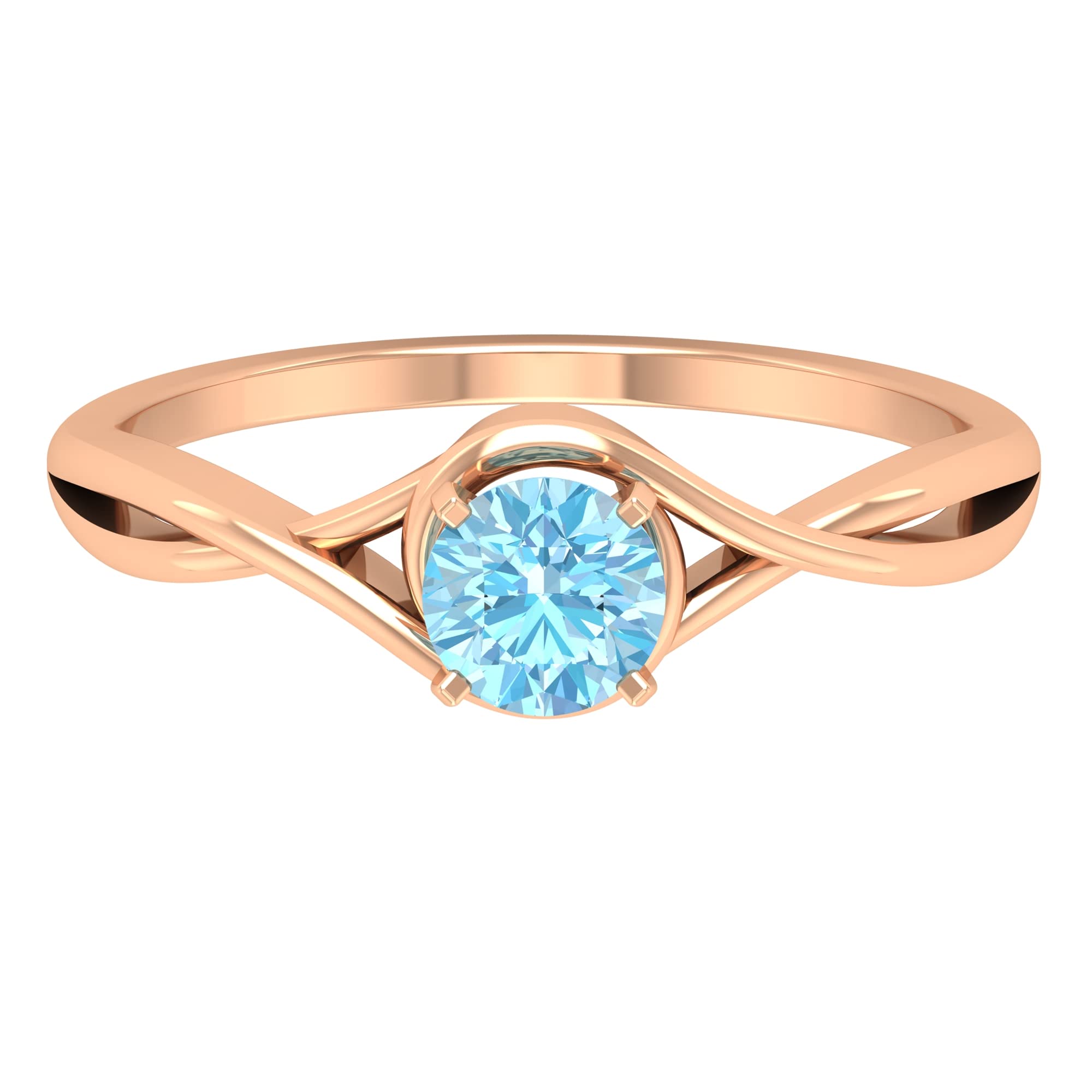 1/2 CT Round Cut Aquamarine Ring - 5mm Solitaire March Birthstone Ring in 14K Solid Gold with Square Prong Setting & Crossover Shank - Perfect for Engagement, Anniversary & Everyday Wear