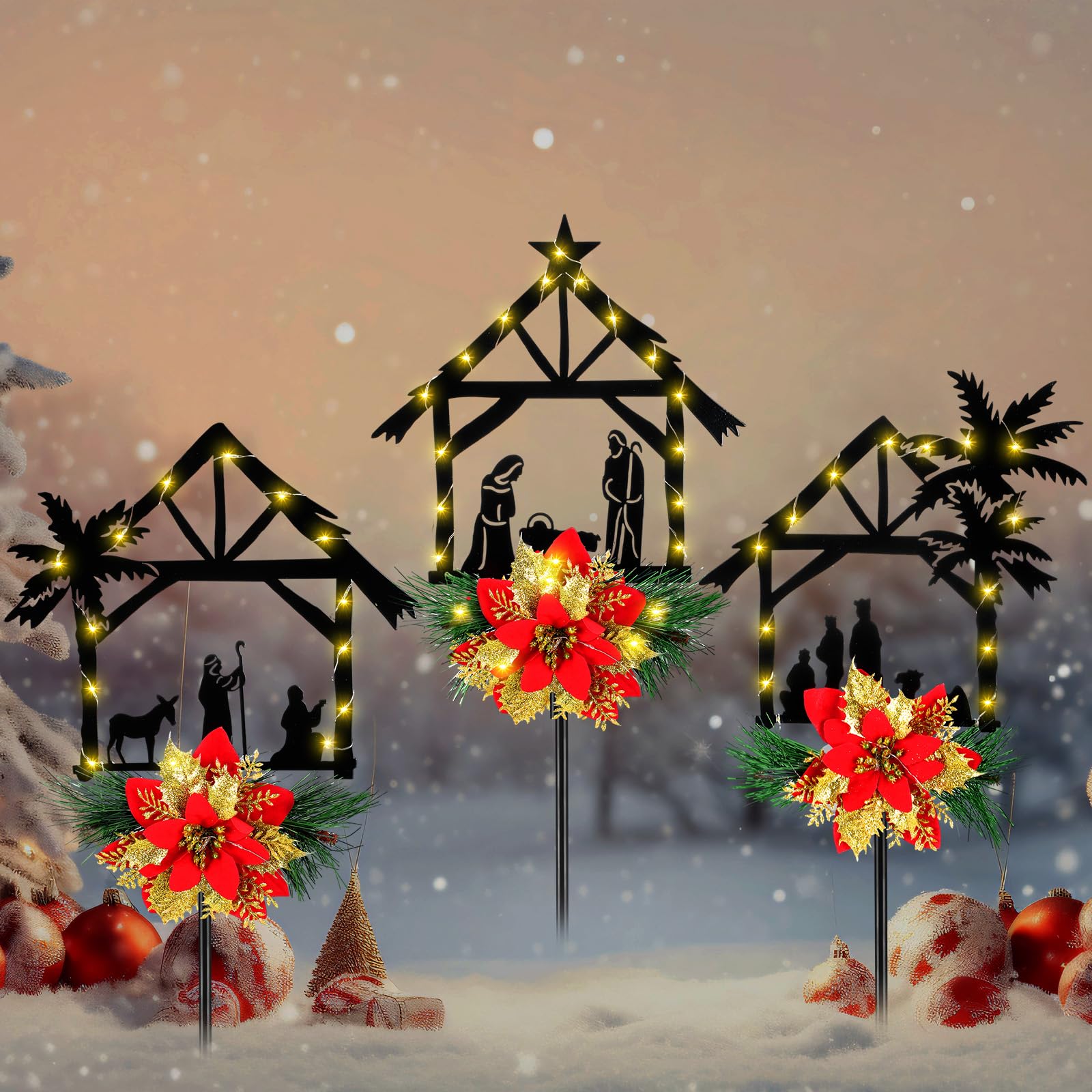 3 Pack Solar Powered LED Nativity Scene Stake Lights with Poinsettia - Outdoor Christmas Decor for Yard, Garden, Lawn - Perfect for Holiday Parties, Pathway Lighting, and Festive Home Decor
