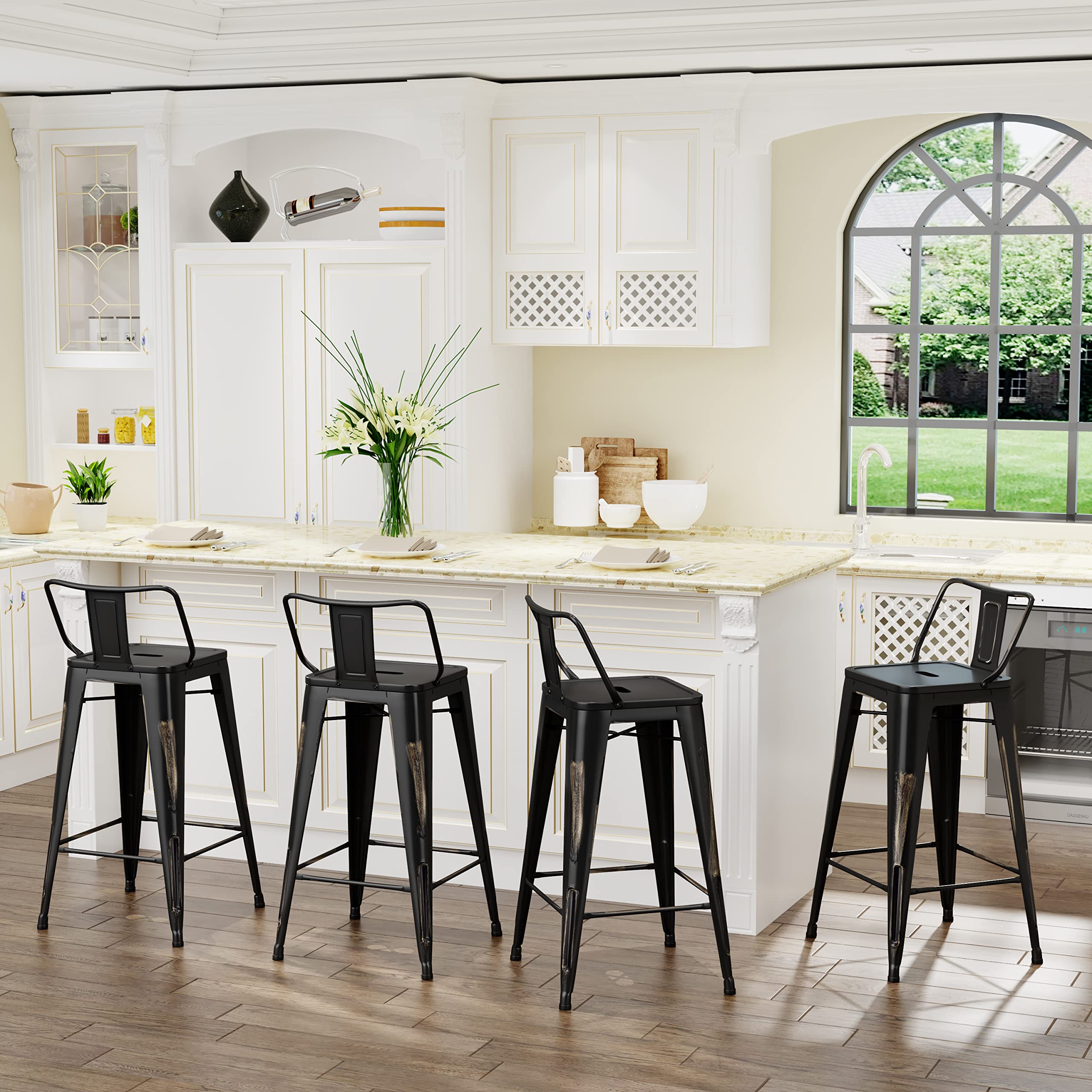 Aklaus Industrial Metal Bar Stools Set of 4 - 30 Inch Bar Height Stools with Back, Distressed Gold Finish - Modern Kitchen & Dining Chairs for Indoor/Outdoor Use - Perfect for Home Bars, Kitchen Islands, and Patio Seating