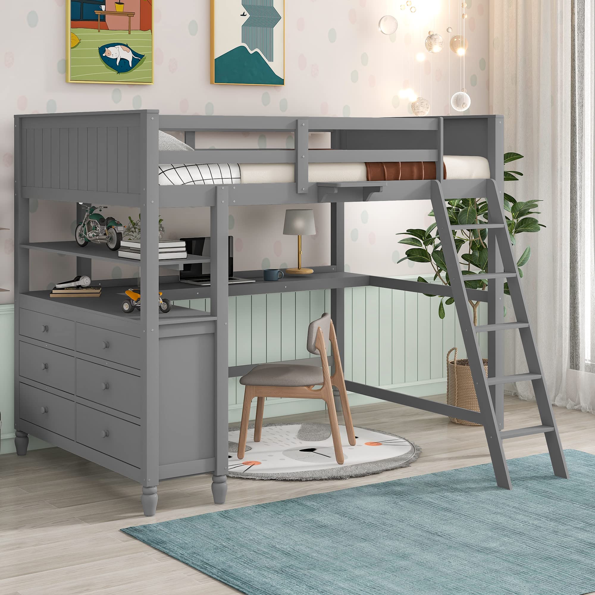 Full Loft Bed with Desk & Storage - Wooden Loft Bed with Drawers & Shelves for Kids, Teens & Adults - Space-Saving Gray Bedroom Furniture for Small Rooms & Dorm Rooms