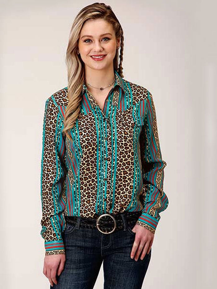 Roper Women's Leopard Print Rayon Western Blouse - Stylish Cowgirl Shirt for Casual Wear, Rodeo & Country Music Events (Multi-Color)