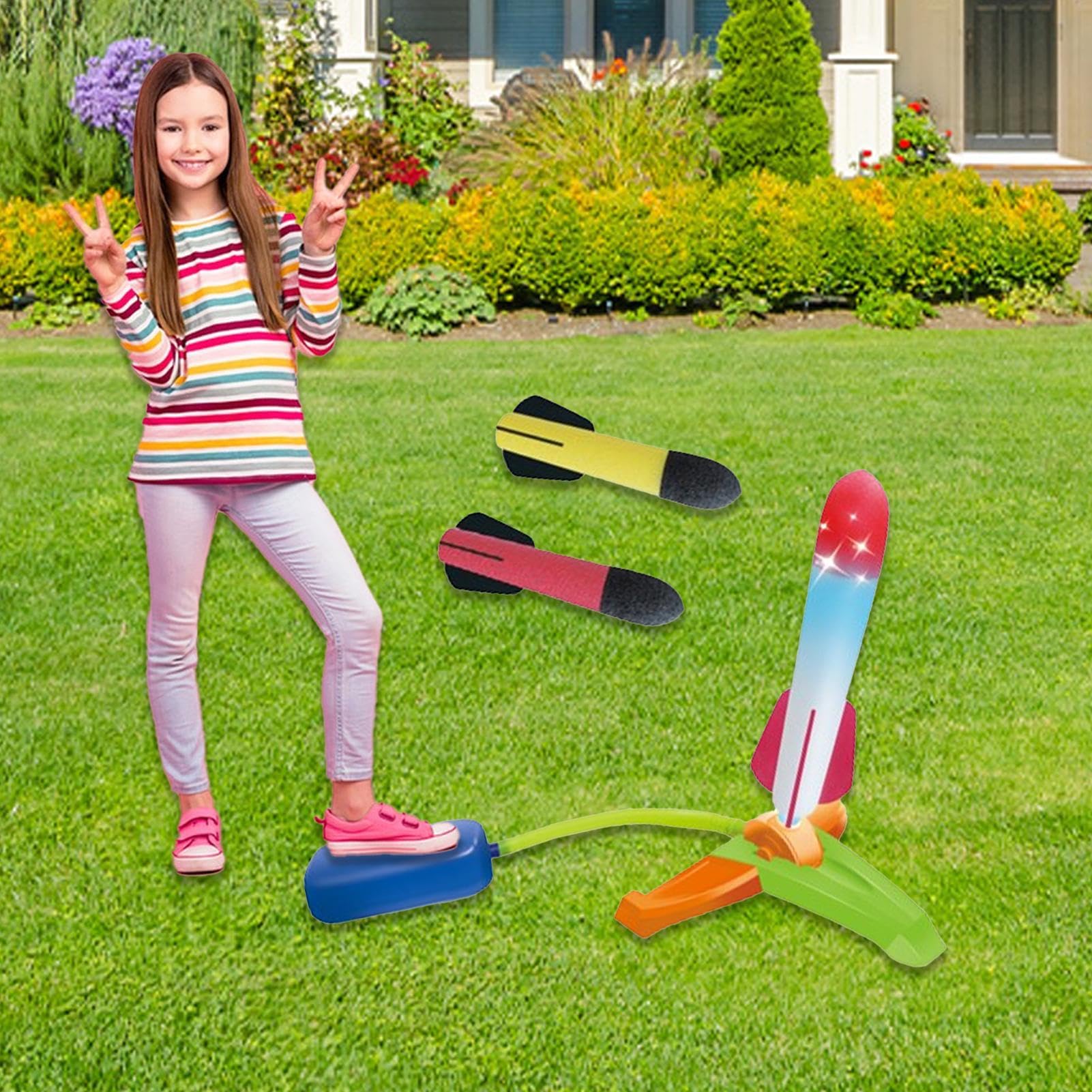 Quaeetyu Foam Rocket Launcher Toy for Kids - Air-Powered Outdoor Flying Toy with 3 Foam Rockets | Fun STEM Learning, Backyard Games, Birthday Gifts, Summer Outdoor Activities & Family Playtime