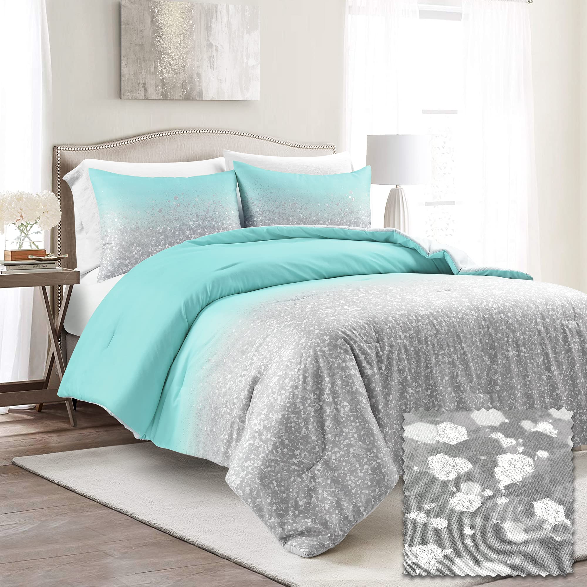 Lush Decor Glitter Ombre Metallic Print 5-Piece Quilt Set - Full/Queen Size, Aqua & Gray - Soft & Stylish Bedding for Modern Bedrooms & Guest Rooms