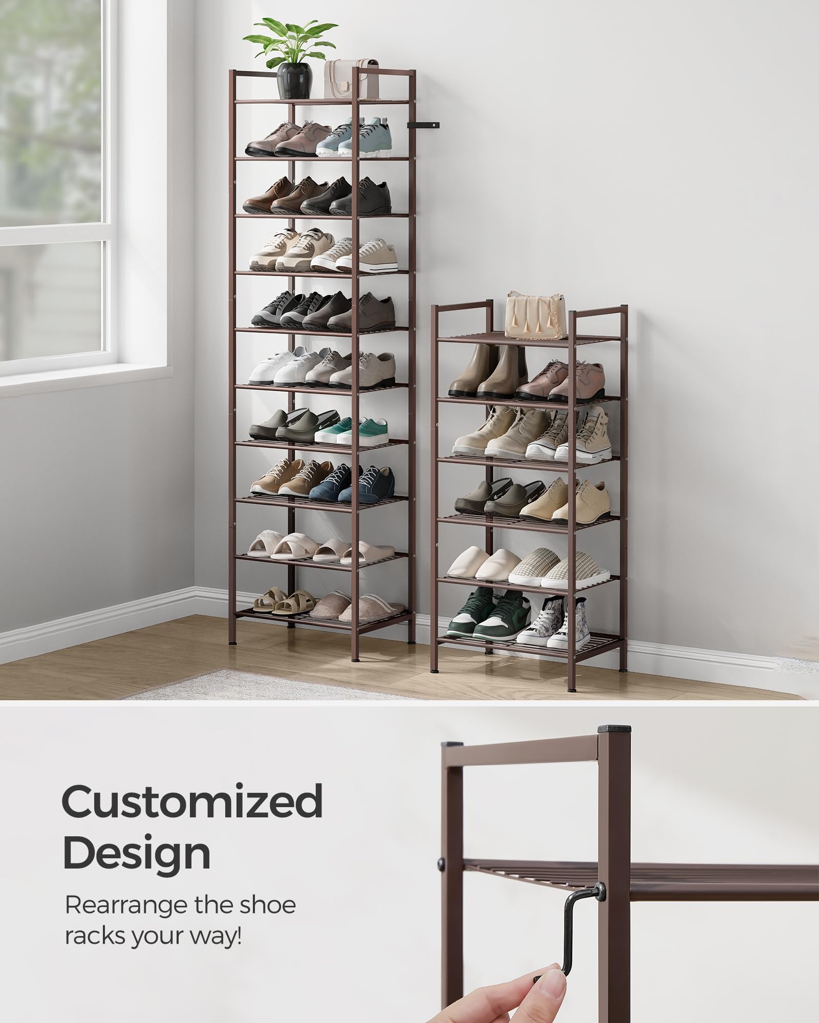 SONGMICS 8-Tier Narrow Shoe Rack - Slim Metal Shoe Storage Organizer for Small Spaces, Entryway & Closet | Sturdy Bronze Shelf for Shoes, Boots & Sneakers | Perfect for Apartments, Dorms & Tight Spaces