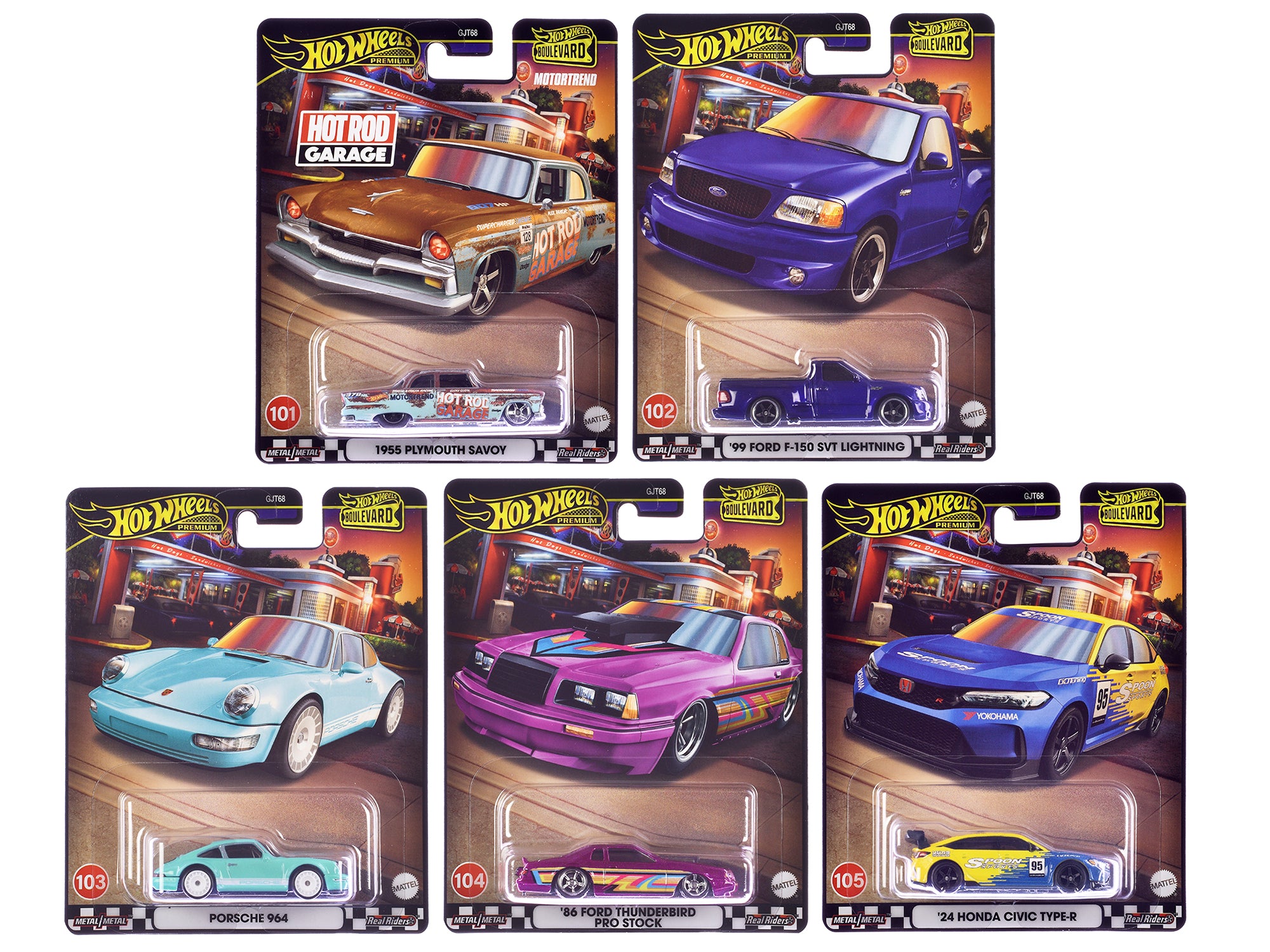 Hot Wheels 2024 Boulevard 101 & 105 Premium 5-Piece Diecast Model Car Set - Collectible Toy Cars for Display & Racing Play