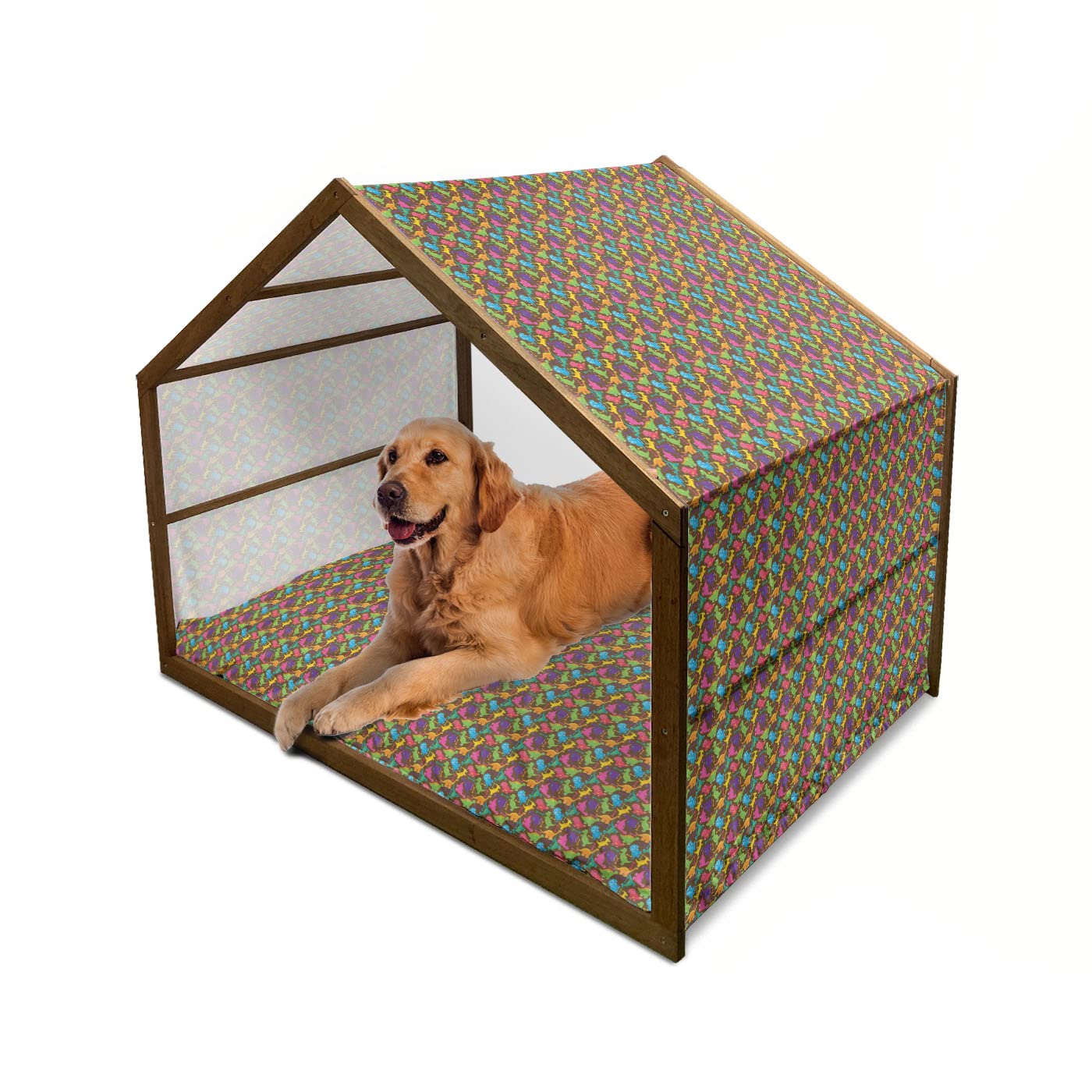 Ambesonne X-Large Wooden Dog House with Pillow & Cover - Dinosaur Themed Indoor & Outdoor Portable Kennel for Pets - Video Game Style Wild Dino Design, Multicolor - Perfect for Backyards, Patios, and Pet-Friendly Homes