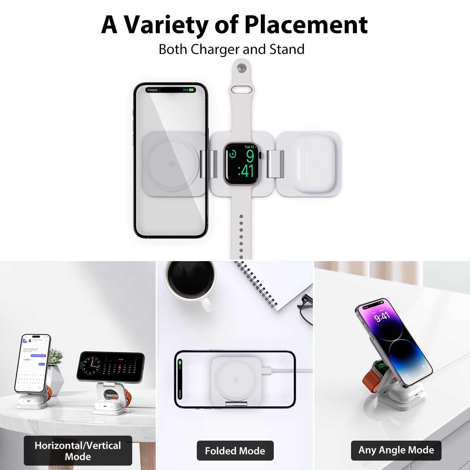 Foldable 3-in-1 Wireless Charging Station for iPhone 16/15/14/13/12 Series (Pro/Pro Max/Mini/Plus), Apple Watch 9/8/7/6/5/4/3/2/SE & AirPods - 5W Fast Charger - White | Perfect for Bedside, Office & Travel Use