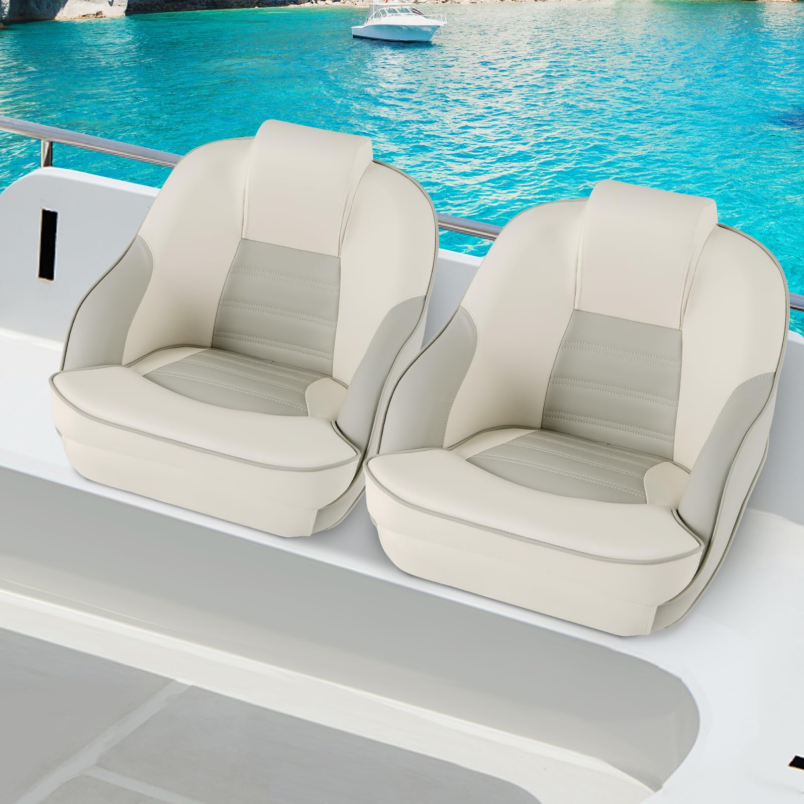 Goplus Captain Bucket Seat - Waterproof PVC Leather Pontoon Boat Chair with Thick Sponge Padding & Curve Armrest, High Back Fishing Boat Seat for Pontoon, Sightseeing, and Leisure Boating (1 Pack, Ivory & Gray) - Perfect for Comfortable Fishing Trips and Relaxing Water Tours