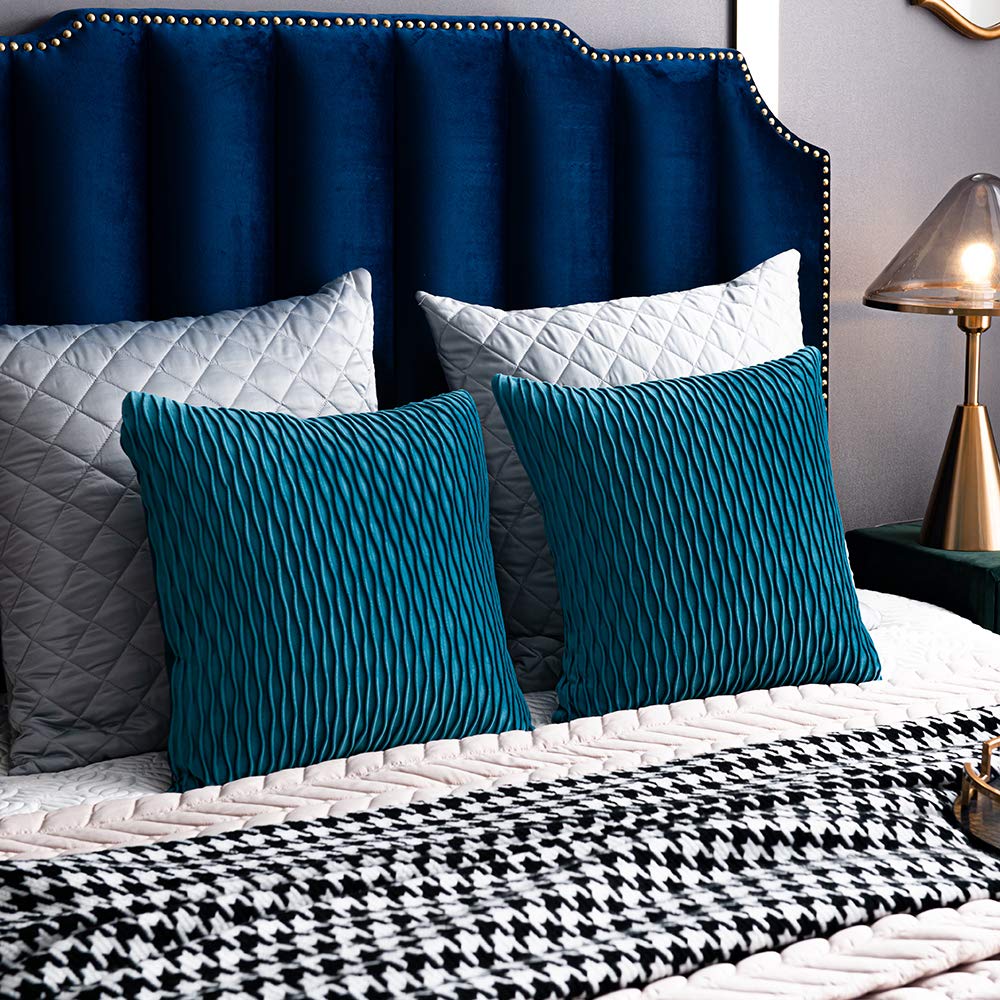 DEZENE Turquoise Throw Pillow Covers 20x20 Inches - 2 Pack Striped Velvet Square Pillow Cases for Farmhouse Couch, Sofa & Bed Decor - Soft Decorative Cushion Covers for Living Room, Bedroom
