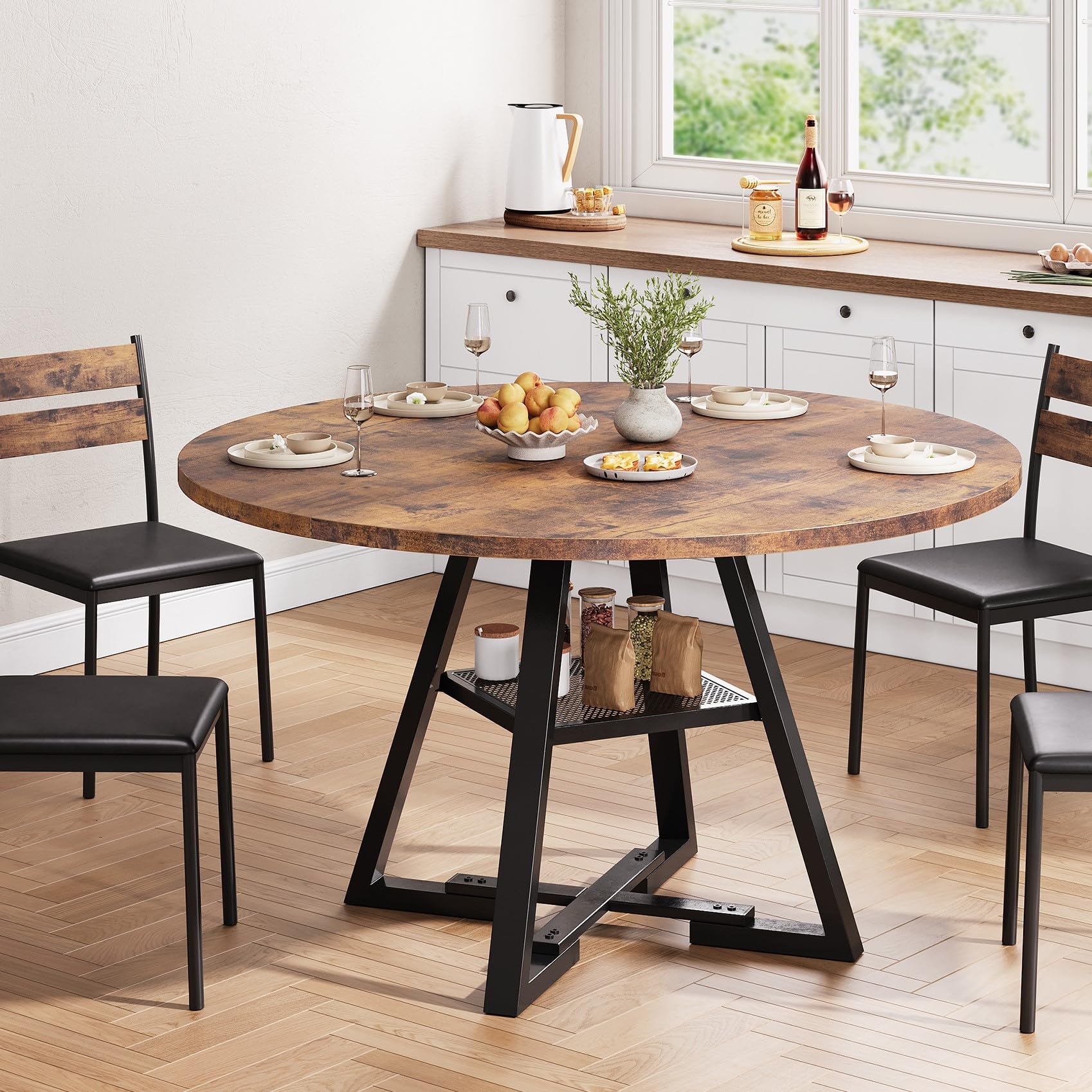 Vintage 42-Inch Round Wooden Dining Table for 4 - Space Saving Kitchen & Dining Room Pedestal Table - Perfect for Small Spaces, Breakfast Nooks, and Cozy Family Meals