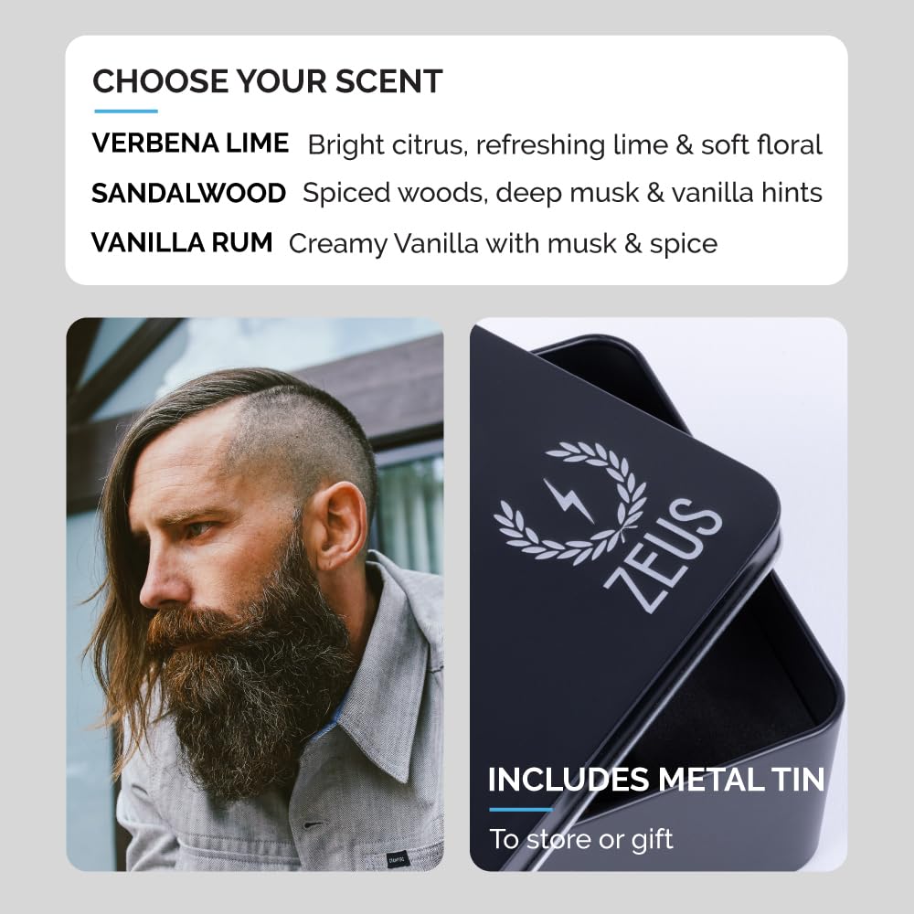 ZEUS Premium Beard Care Kit with Tin Gift Box – Natural Sandalwood Beard Oil, Balm, Wash & Conditioner for Men – Perfect for Daily Grooming & Travel