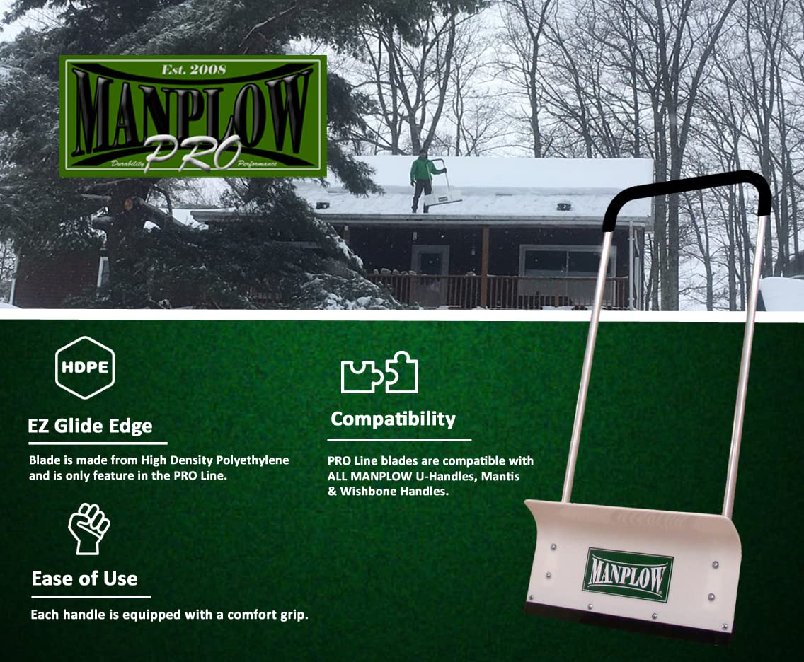 MANPLOW PRO Snow Pusher with Power U Handle Upgrade - 32 Inch Heavy Duty Snow Shovel for Driveway, Sidewalk & Roof - Ideal for Winter Snow Removal & Ice Clearing