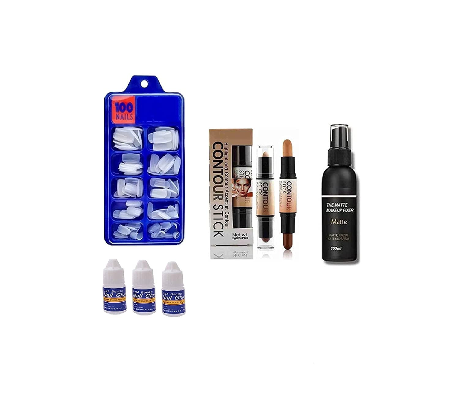 MASTADI 100pcs Artificial Nails Kit with 3 Nail Glues & 100ml Nail Fixer + Contour Stick - DIY False Nails for Salon Quality Manicure at Home, Parties & Special Occasions