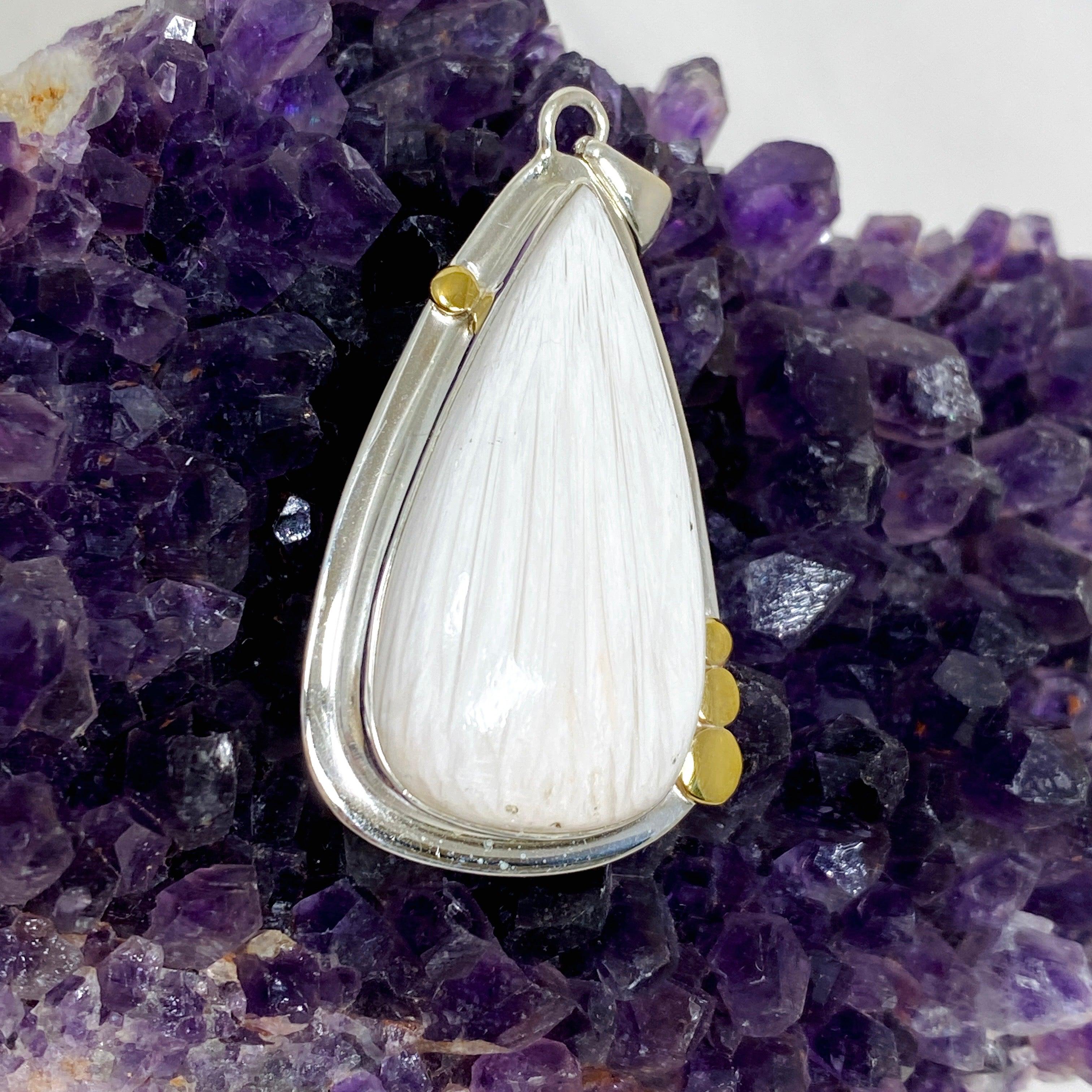 Natural Scolecite Teardrop Pendant Necklace in Sterling Silver Setting - Healing Crystal Jewelry for Meditation, Energy Balancing & Spiritual Gifts (KPGJ4509)