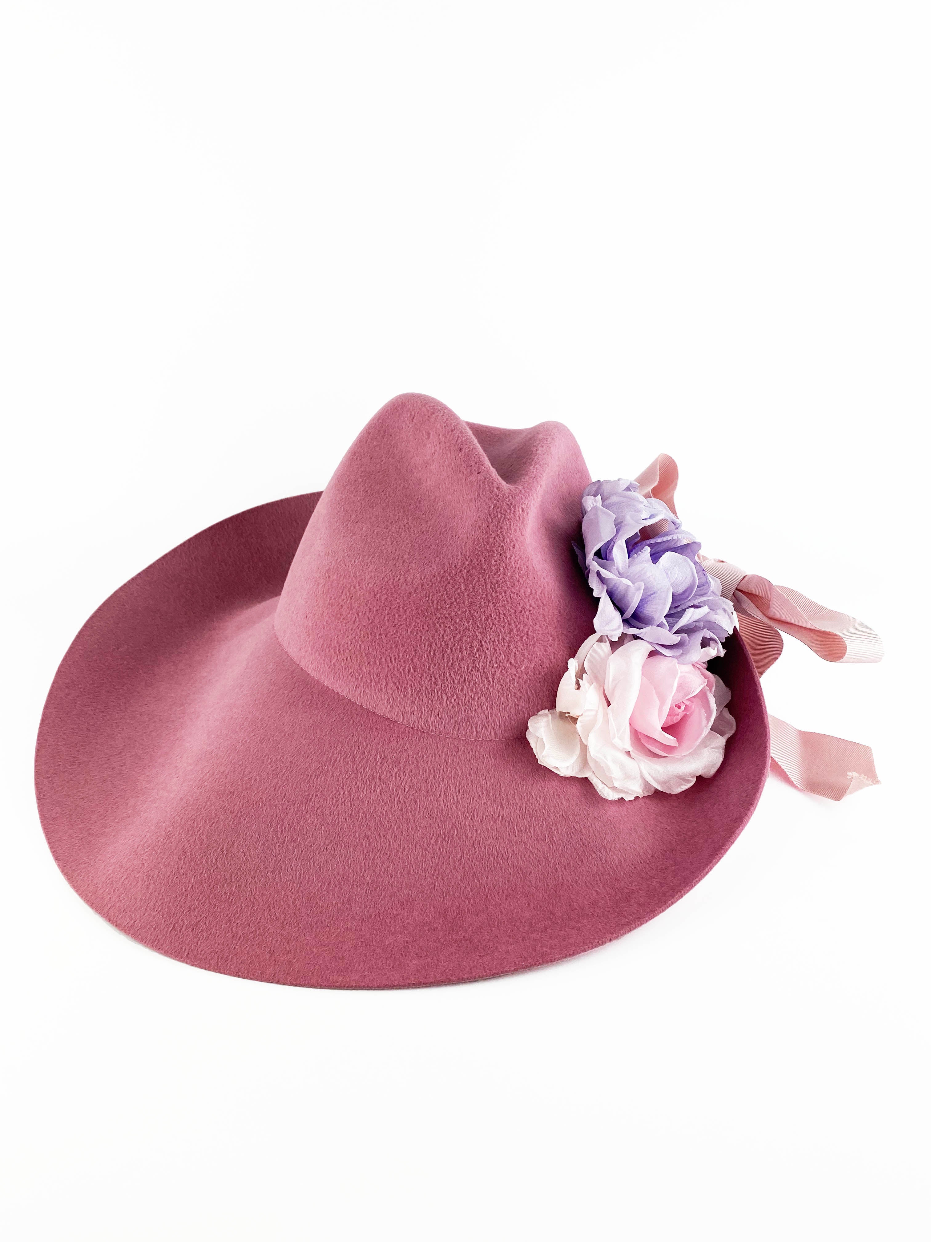 Gucci Pink Wide Brim Felt Hat with Floral Embellishments - Size 56 | Elegant Women's Fashion Accessory for Weddings, Garden Parties & Spring Outfits