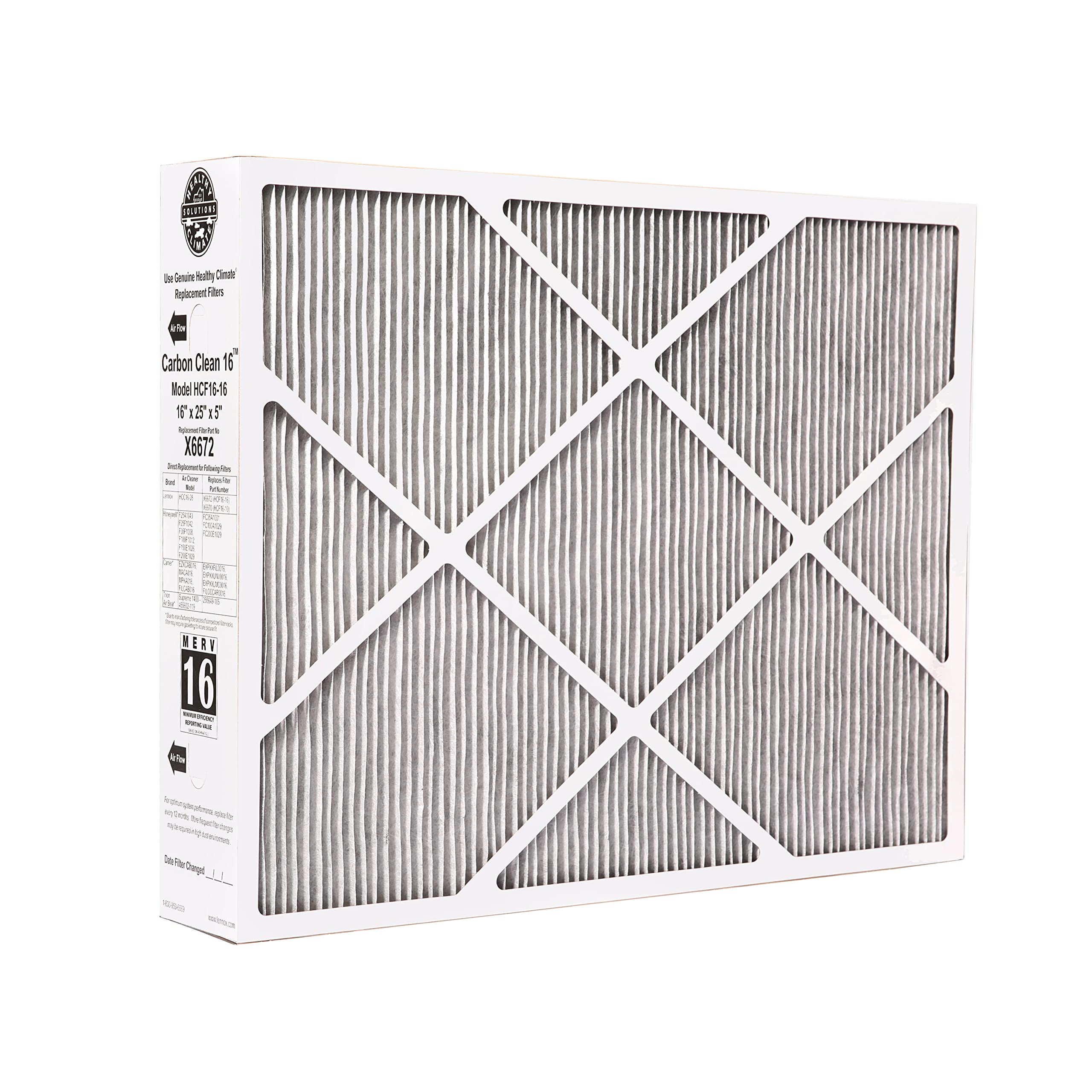 Lennox X6672 16x25x5 MERV 16 Furnace Air Filter - Healthy Climate Carbon Clean HVAC System Replacement - for Home, Office & Commercial Use - Includes Free Wholesalehome Cleaning Cloth - Improves Indoor Air Quality & Reduces Allergens