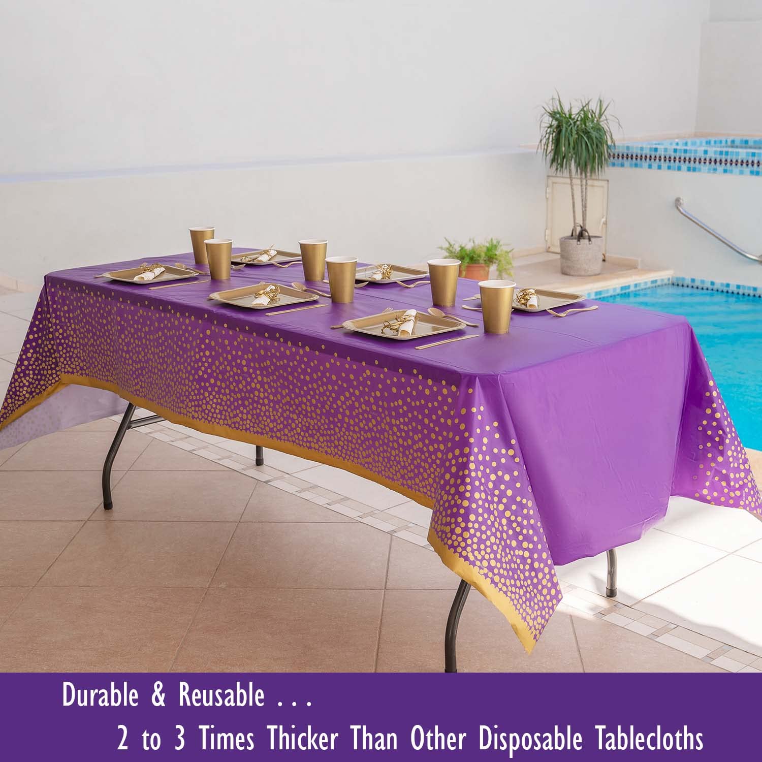4 Pack Premium Purple & Gold Disposable Tablecloths - 8ft Reusable Plastic Table Cover for Graduation, Birthday Parties, Weddings - Perfect for Rectangle Tables, Banquets & Special Events