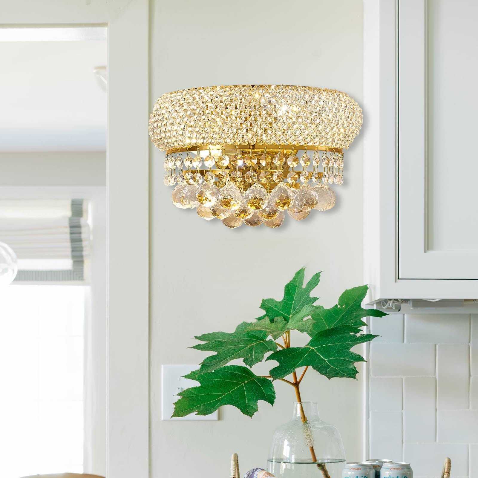 2-Lights Golden Finish Classic Empire Style K9 Crystal Wall Sconce - 12×6 Inch Vintage Lighting Fixture for Living Room, Foyer, Dining Room, Hallway & Bedroom - Easy Installation with New Packaging - Perfect for Home Decor, Wedding Venues & Luxury Hotels