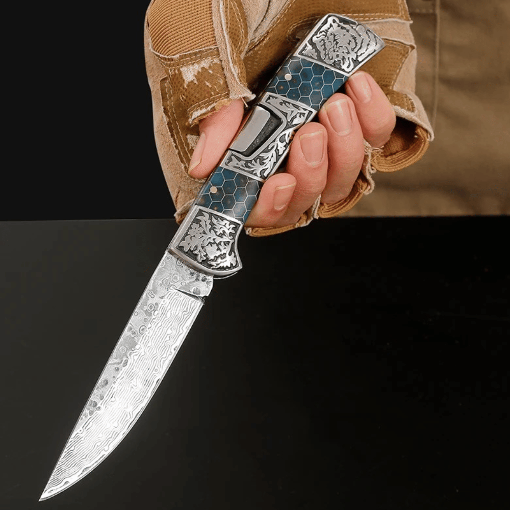 Premium Damascus Steel Pocket Knife with Honeycomb Resin Handle - EDC Folding Knife for Camping, Hiking & Outdoor Adventures