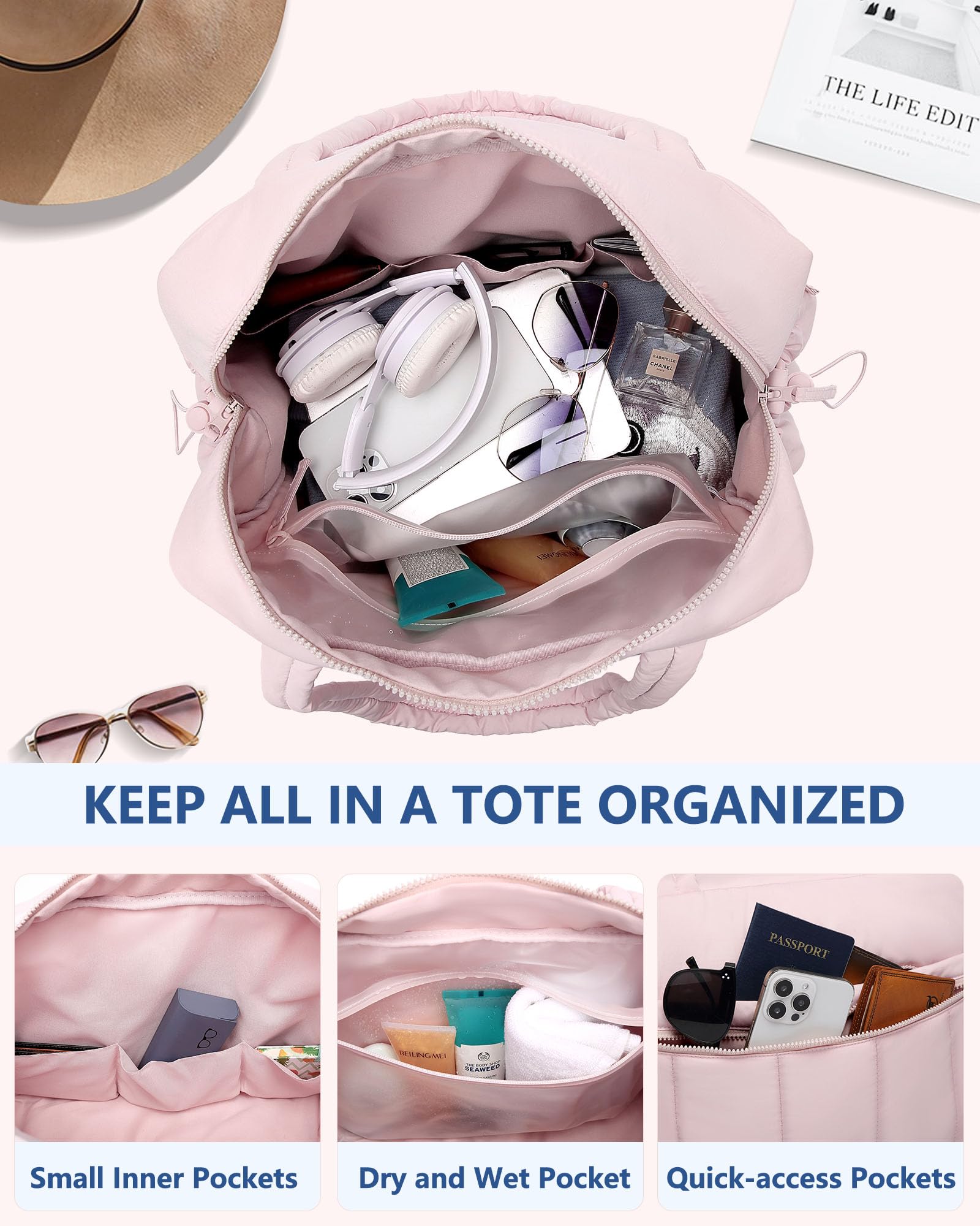 Women's Travel Duffle Bag - Waterproof Weekender Overnight Bag with Toiletry Pocket & Wet Compartment - Perfect for Gym, Yoga, Hospital & Weekend Getaways - Pink