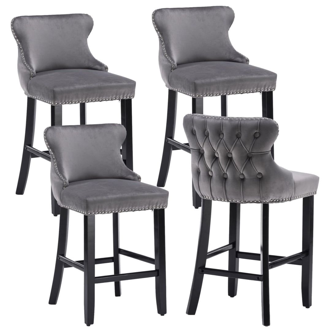 Velvet Upholstered Button Tufted Bar Stools with Wood Legs - Set of 4 Grey Barstools for Kitchen Island, Breakfast Nook & Home Bar Decor